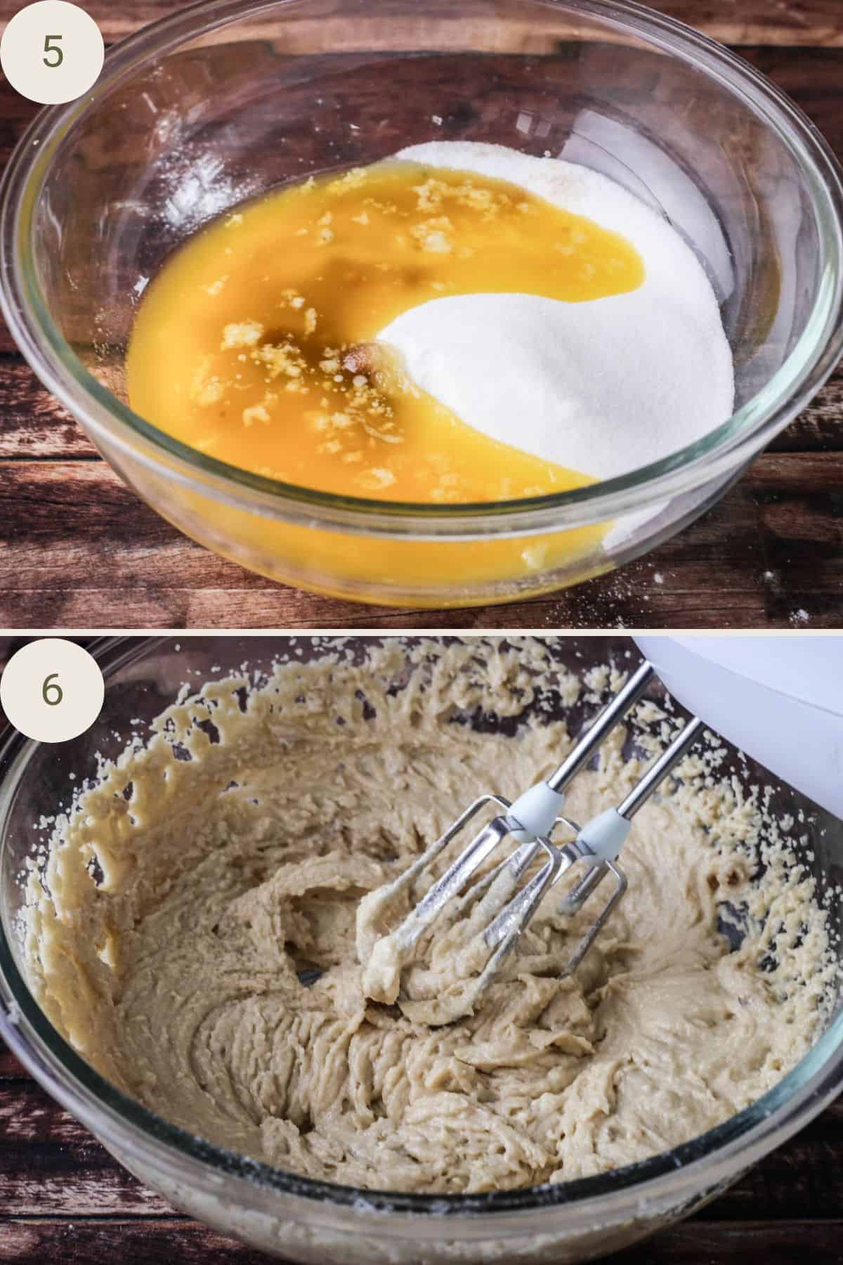 Wet ingredients for sweet potato cake in a bowl and mixed together.