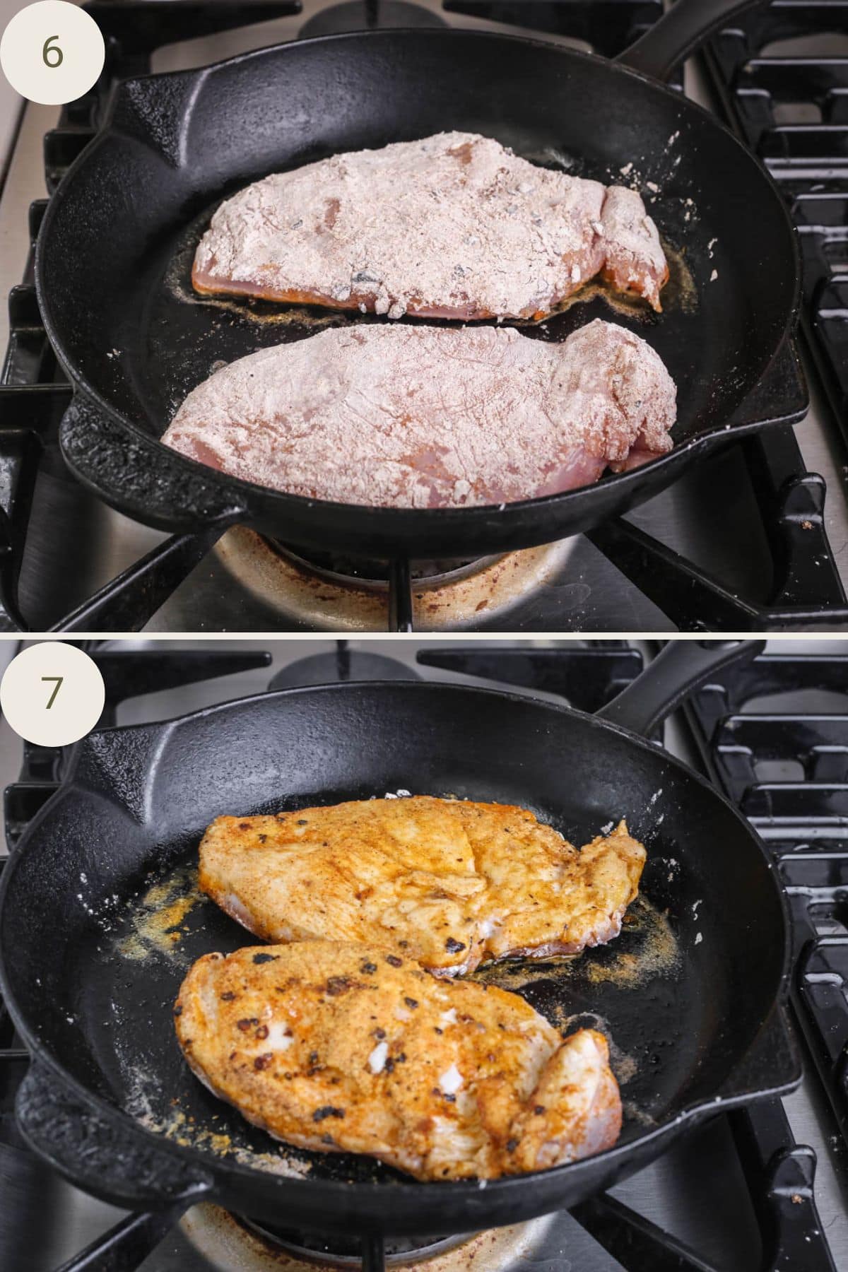 Chicken breasts pan frying in spiced flour rub.