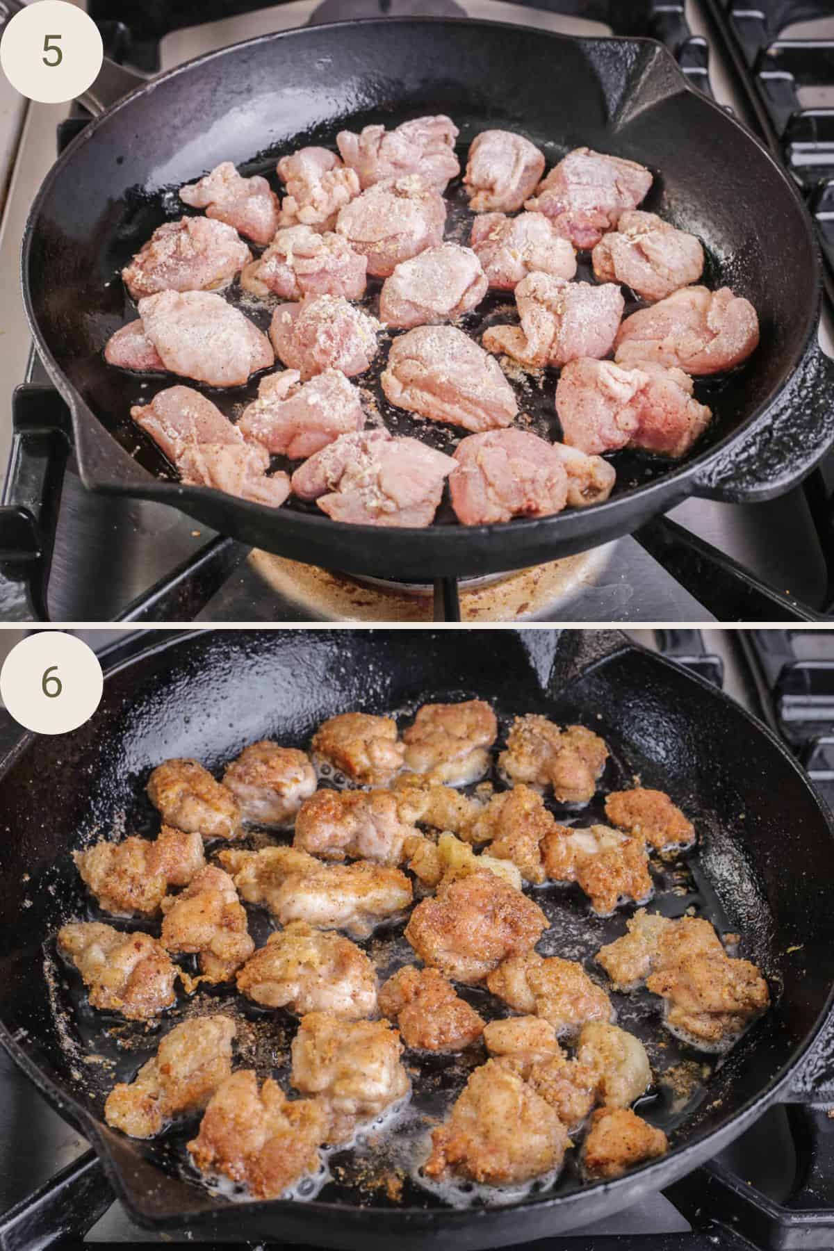 Coated chicken thigh pieces cooking in the pan in a single layer.