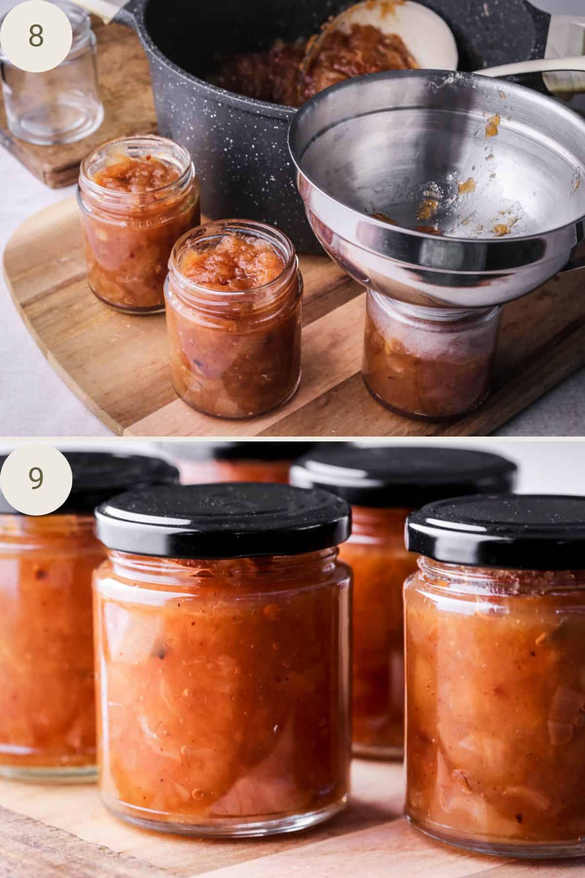Apple Ginger Chutney decanted into jars using jam funnel. Filled into jars.