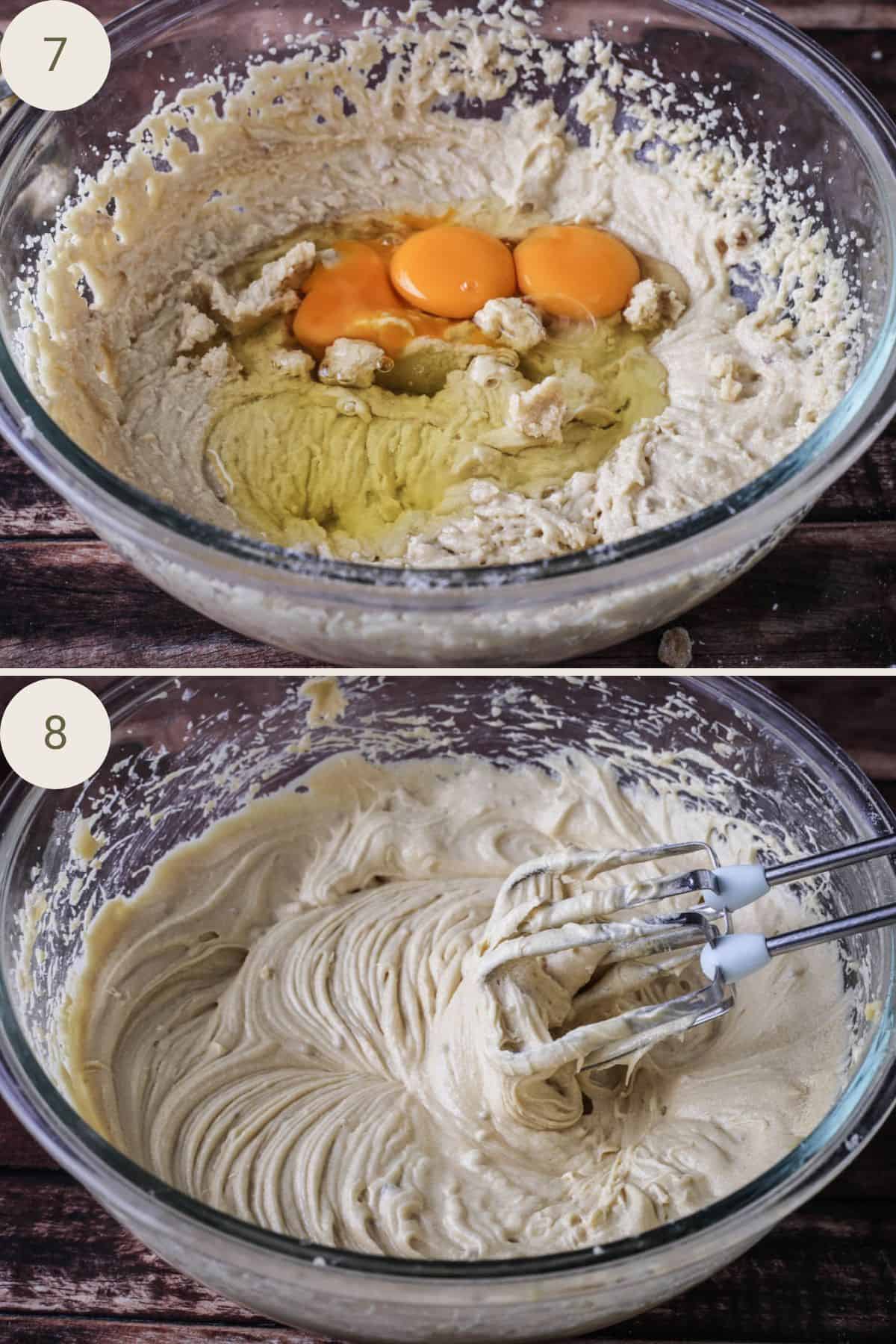 Wet ingredients for sweet potato cake in a bowl and mixed together.