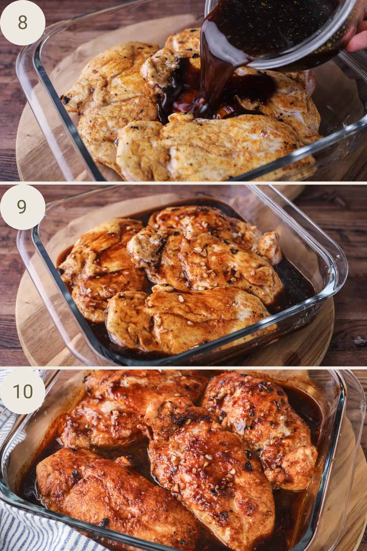 Devilled Chicken sauce pouring over chicken breasts. In an ovenproof dish before and after baking.