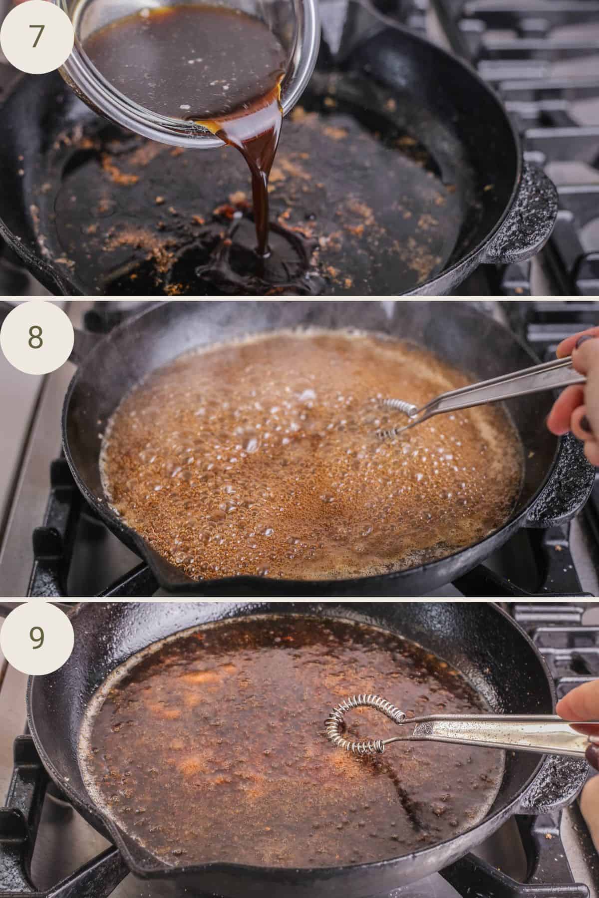 Pouring the sticky sauce into the pan, bubbling up then simmering for a minute or two.