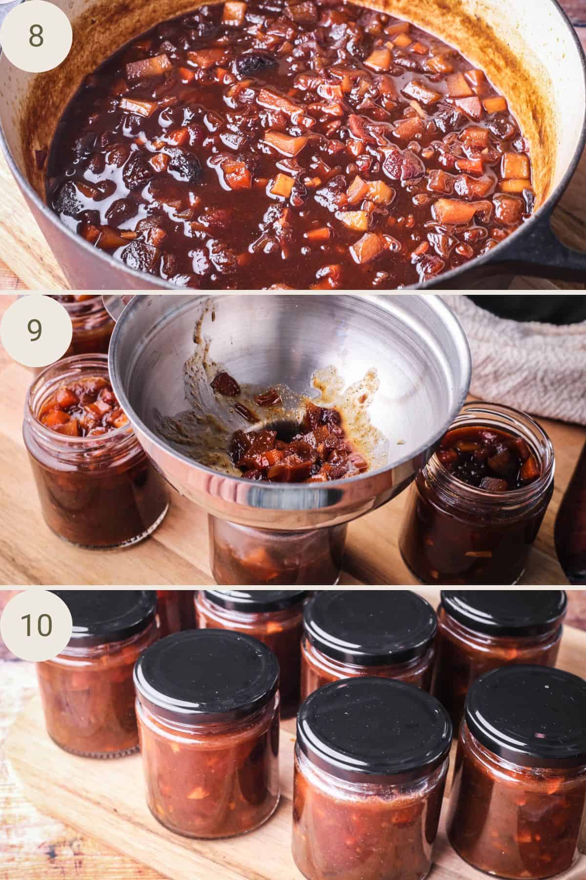 Christmas Ale Chutney in preserving pan, decanted into jars and sealed into jars.