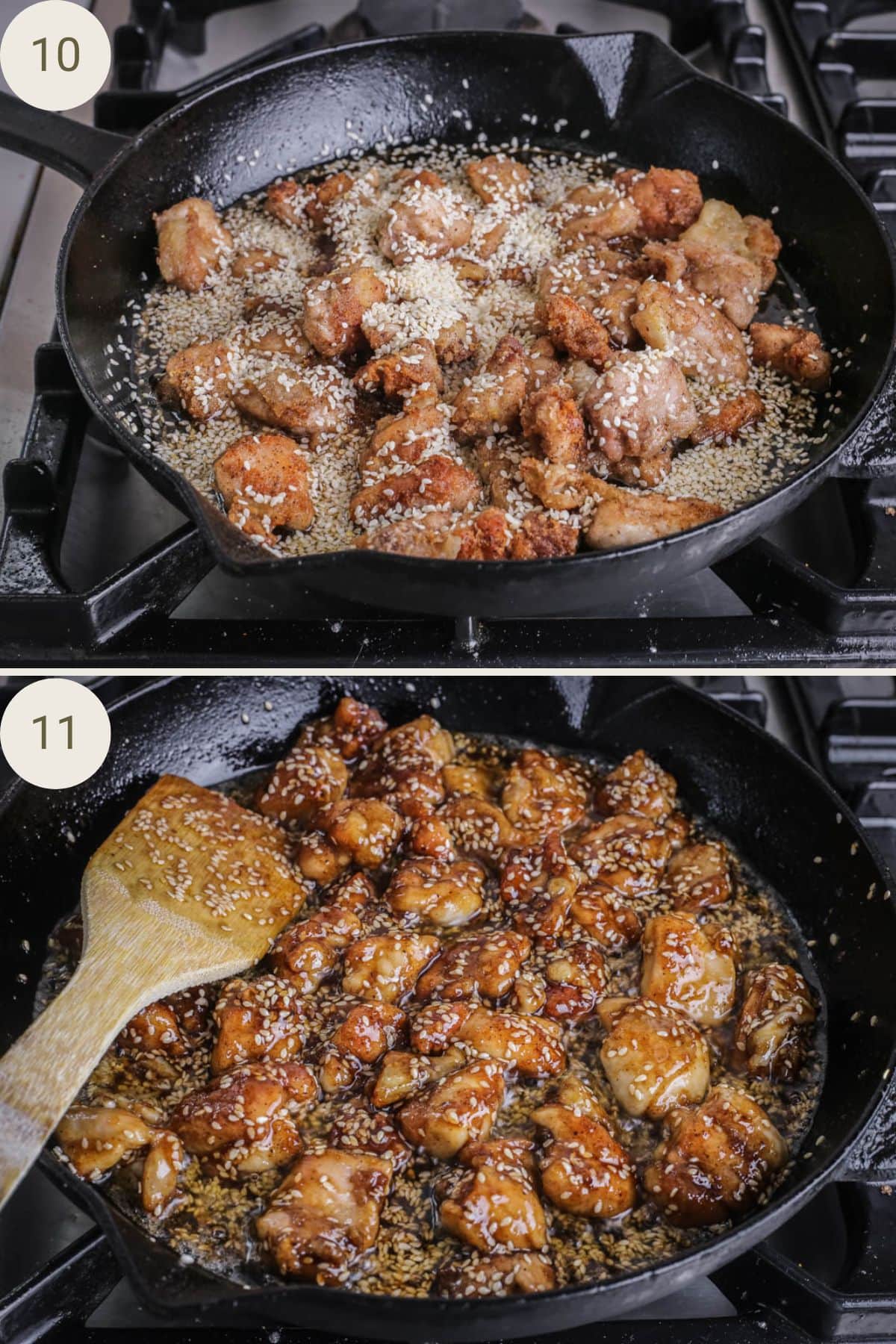 Lemon Chicken added back into the pan with spring onions, stirred into the sticky sauce.