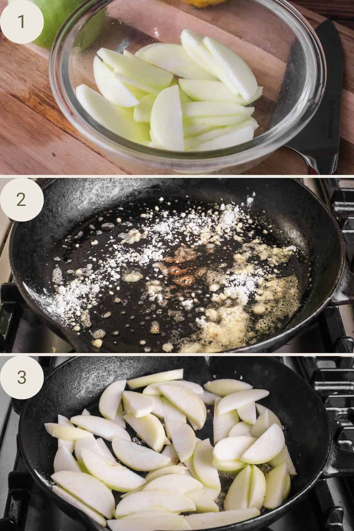 Granny Smith apples cut into slices. Pan heating up with butter and icing sugar. Apples put into pan.