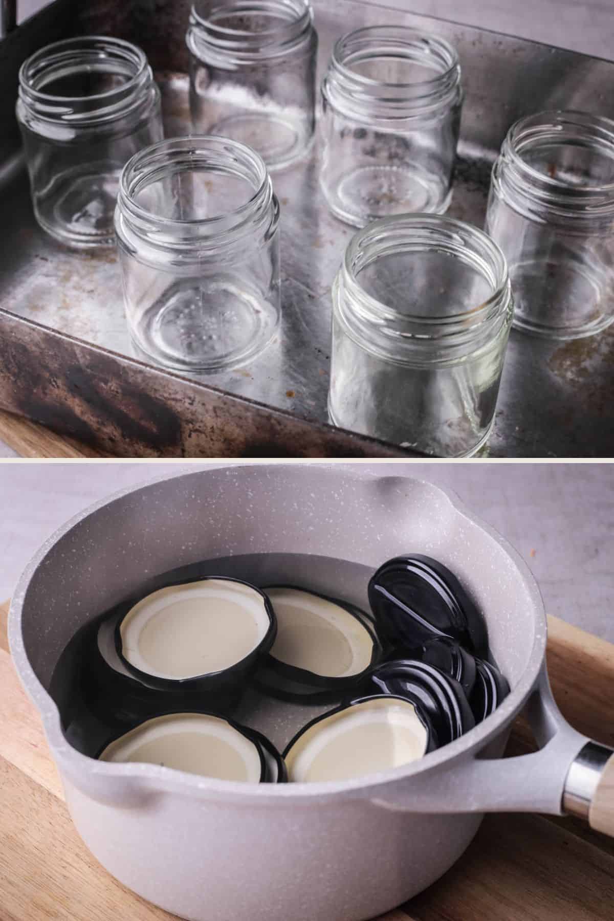 Jars in a baking tin for the oven to be sterilised. Lids in a saucepan of water to be sterilised.