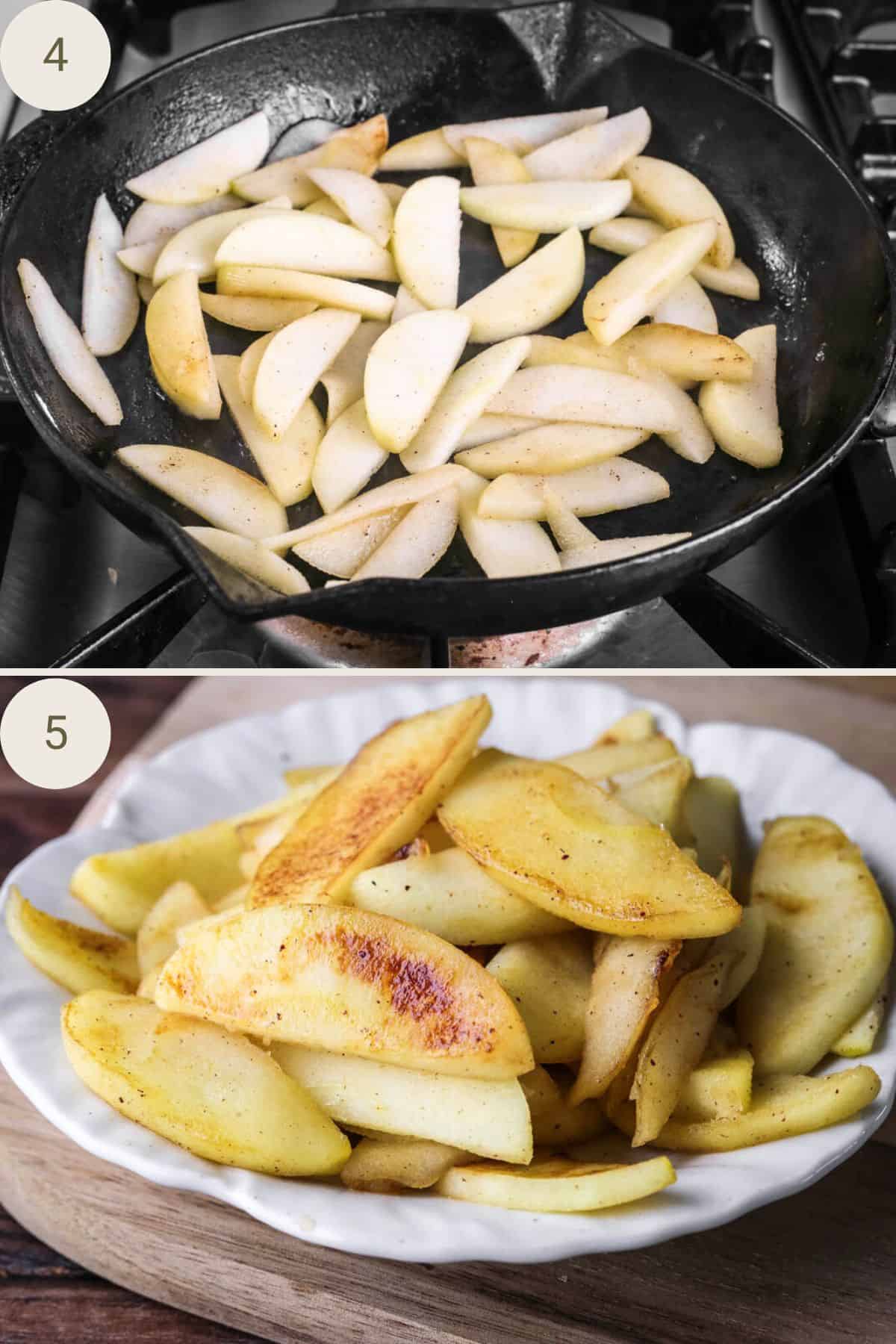 Apples in a pan to caramelise then in a bowl, golden brown.