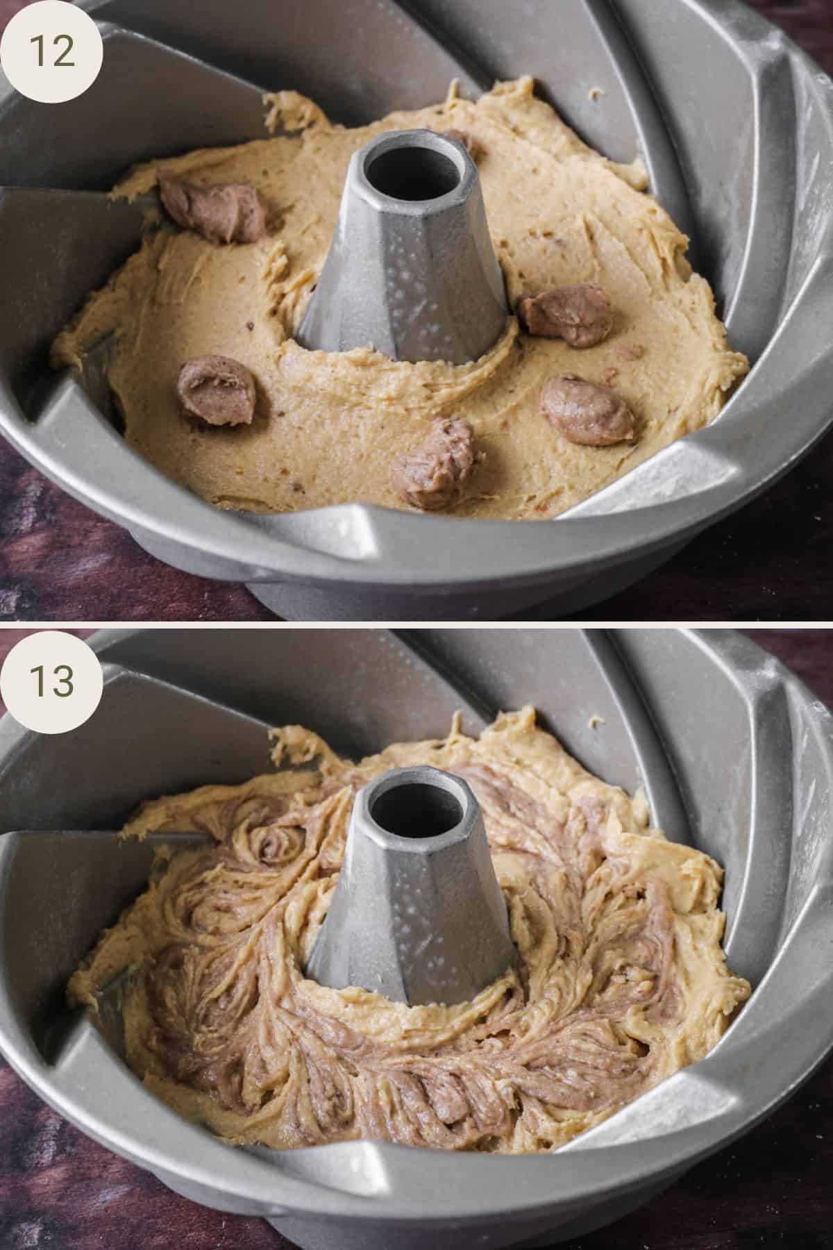 Sweet Potato Cake layered in cake tin with dots of cinnamon batter, swirled through with a skewer.