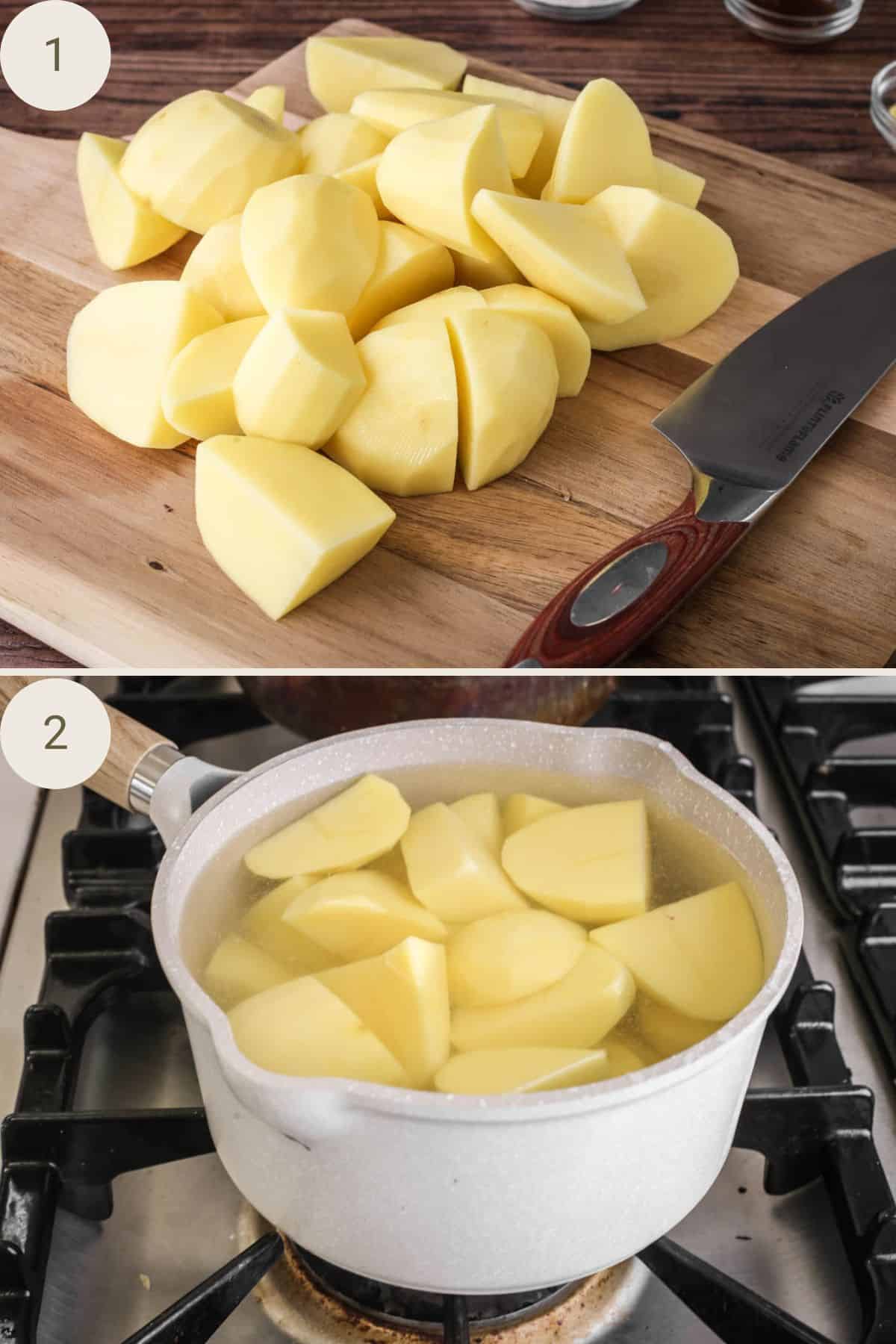 Potatoes cut in half and half again. Then placed in pan of cold water to boil.