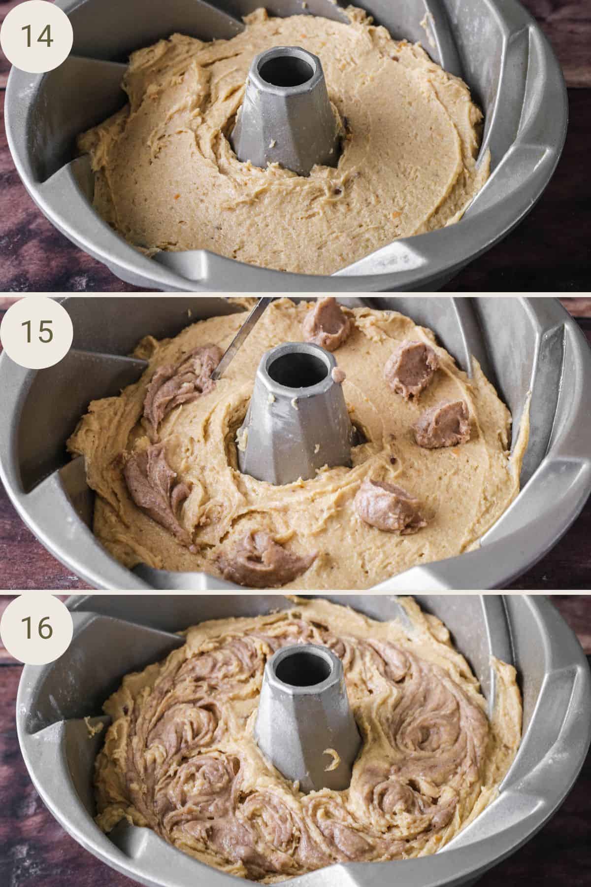 Sweet Potato Cake layered in cake tin with dots of cinnamon batter, swirled through with a skewer.