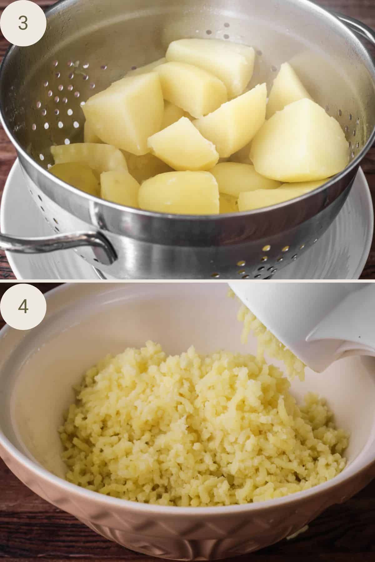 Drained boiled potatoes in a colander, then put through the potato ricer into a large mixing bowl.