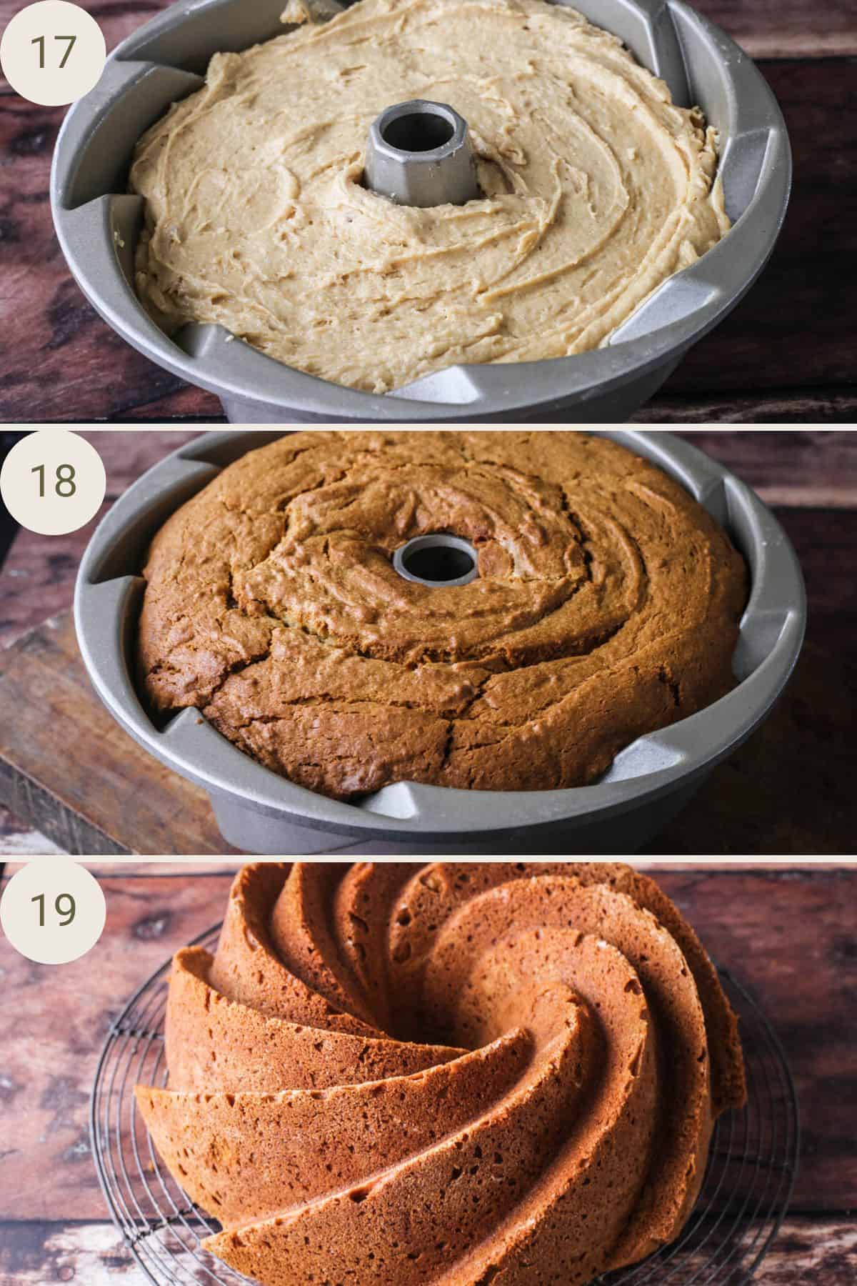 Sweet potato cake batter in cake tin before and after baking, then turned out of bundt tin onto wire rack.