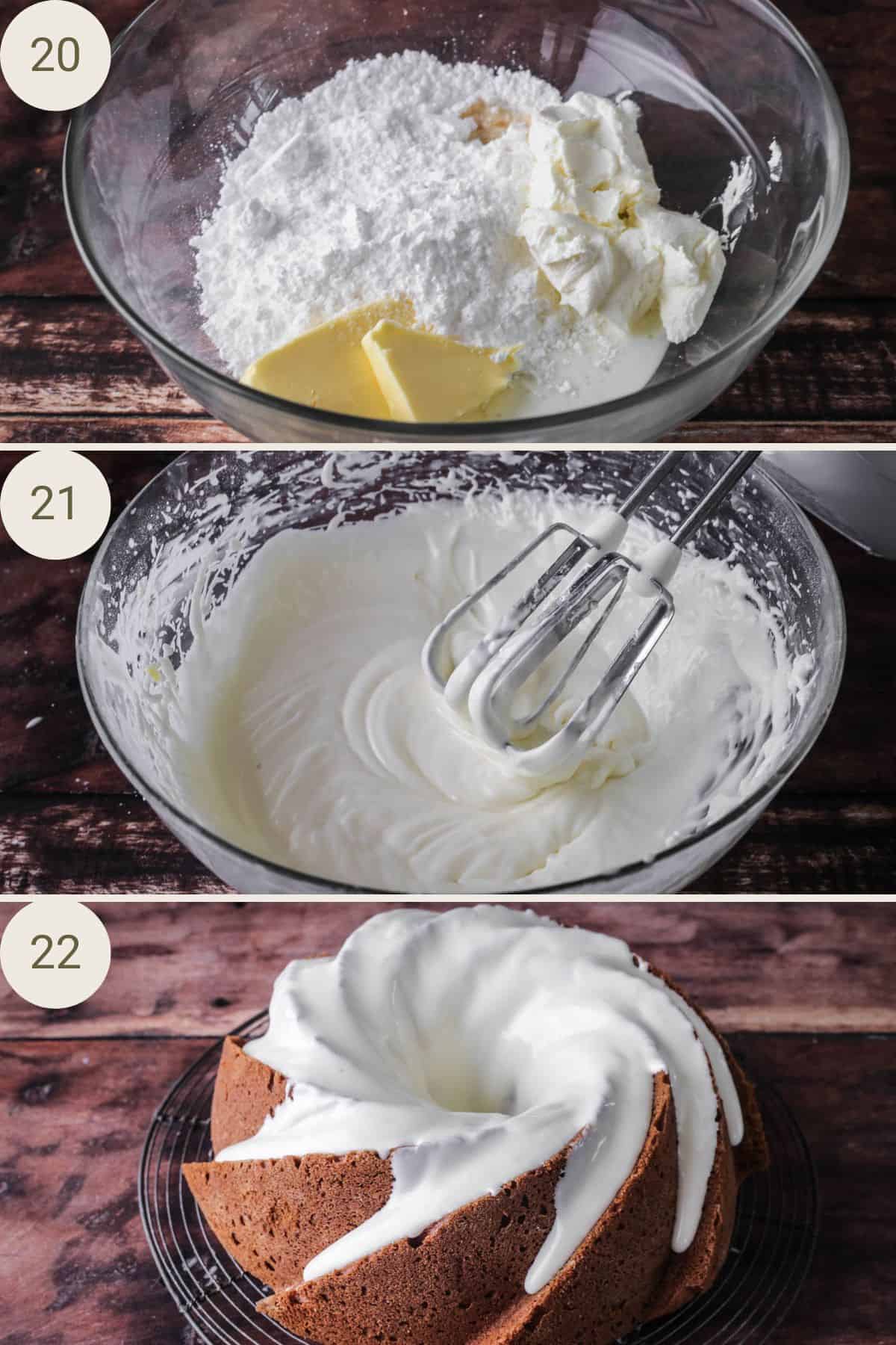 Maple cream cheese ingredients in a bowl, mixed together then dripped over Sweet Potato Cake.