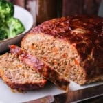 Gluten-Free Meatloaf sliced showing moist inside with clean slices.