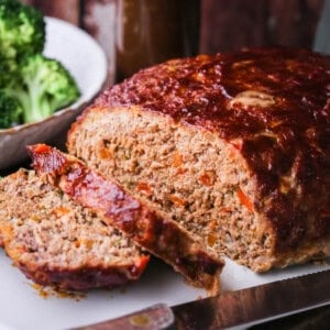 Gluten-Free Meatloaf sliced showing moist inside with clean slices.