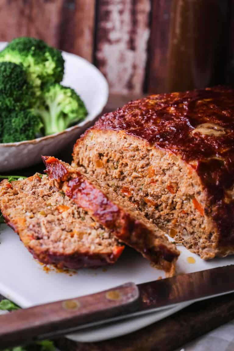 Gluten-Free Meatloaf sliced showing moist inside with clean slices.