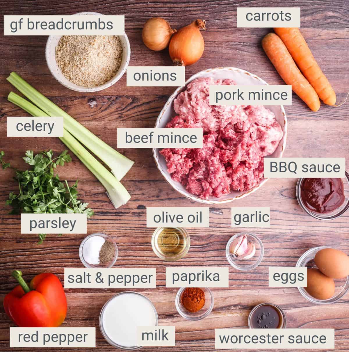 Gluten-Free Meatloaf ingredients on a table.