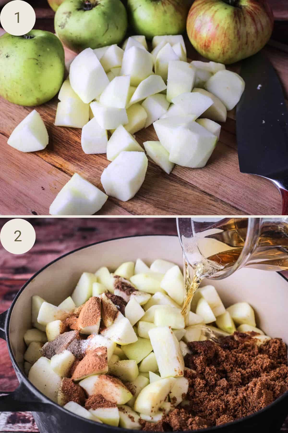 Apples peeled, cored and roughly chopped. Added to preserving pan with rest of ingredients.