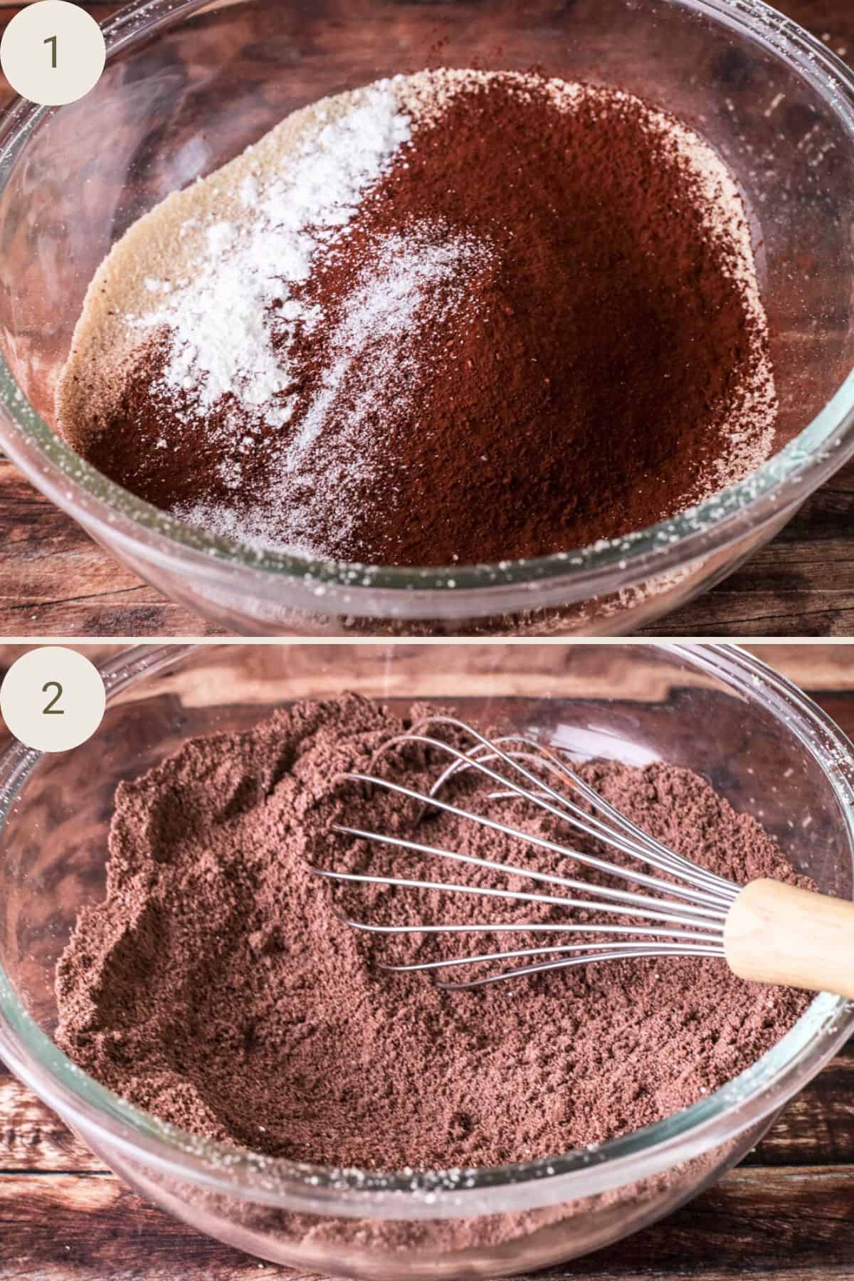 Mixing dry ingredients for gluten-free chocolate sponge batter in a mixing bowl.
