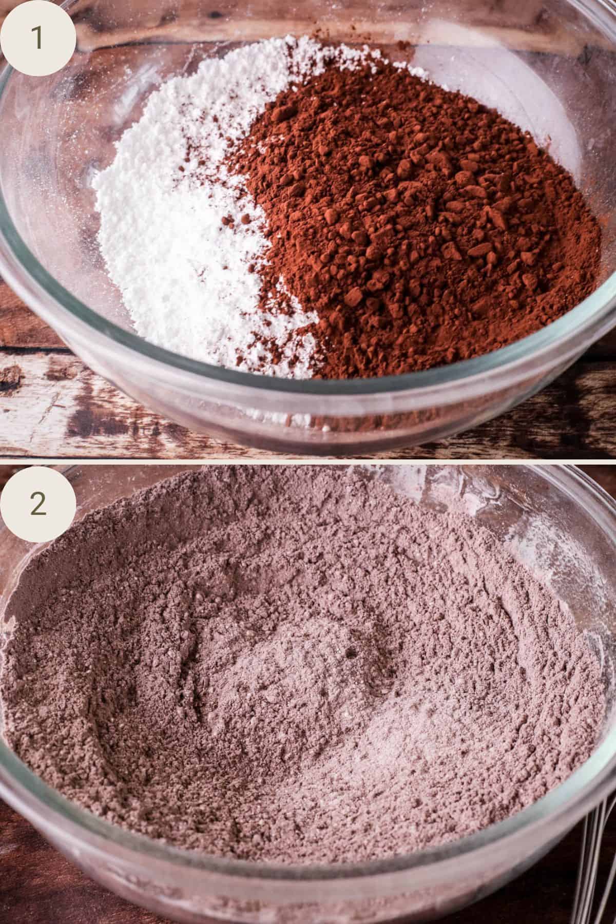 Icing sugar, cocoa powder and salt mixed together for chocolate glaze in large mixing bowl.