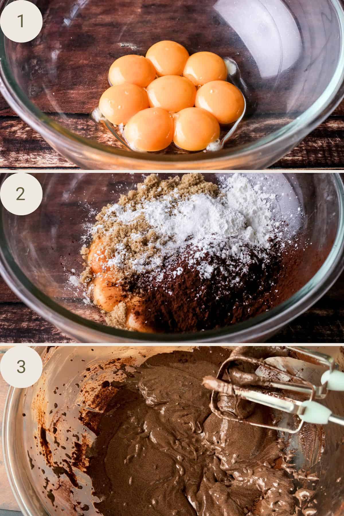 Eggs in a mixing bowl, dry ingredients added and mixed until thick and creamy.