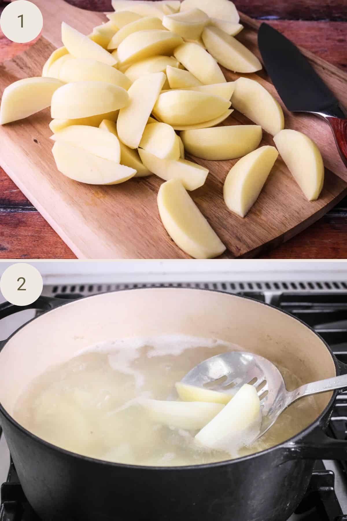 Potatoes cut into wedge shapes and placed in a saucepan of cold water to bring up to a boil.