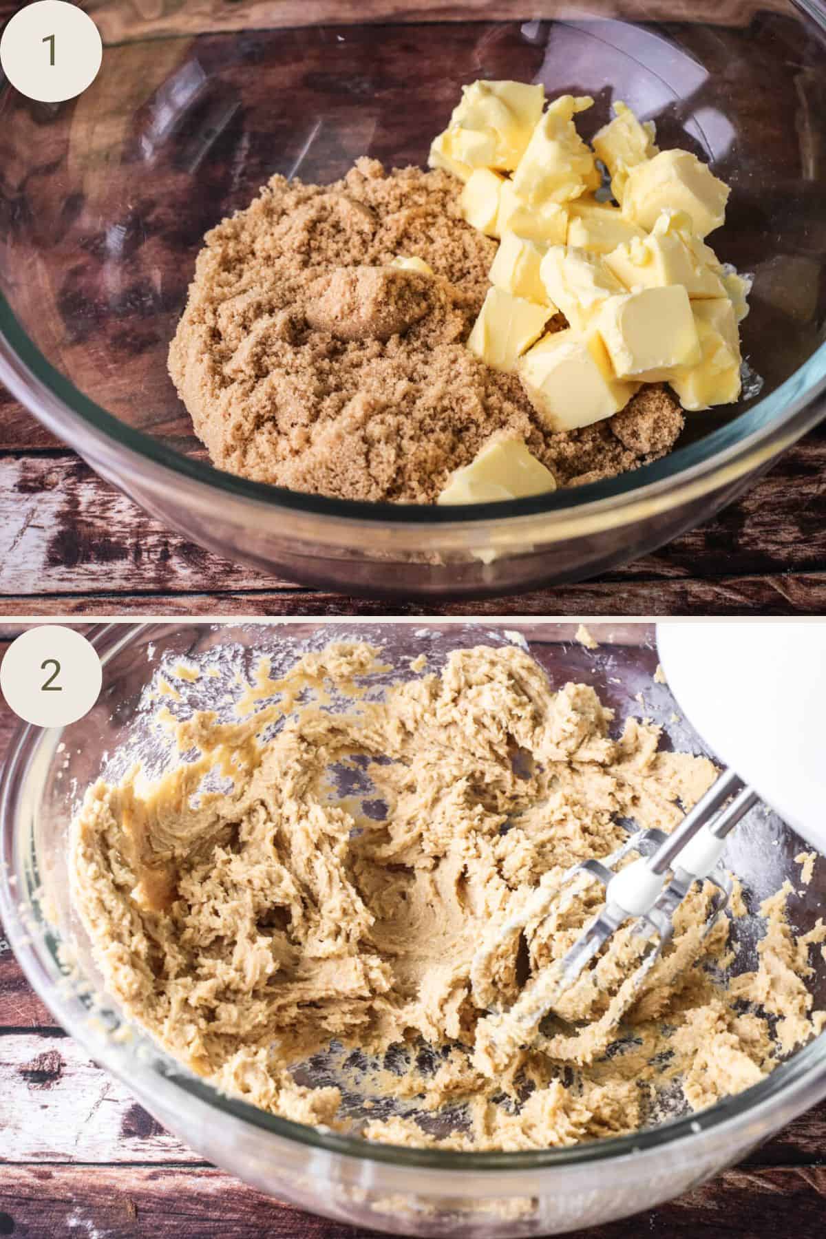 Butter and sugar in a large mixing bowl, creamed together.