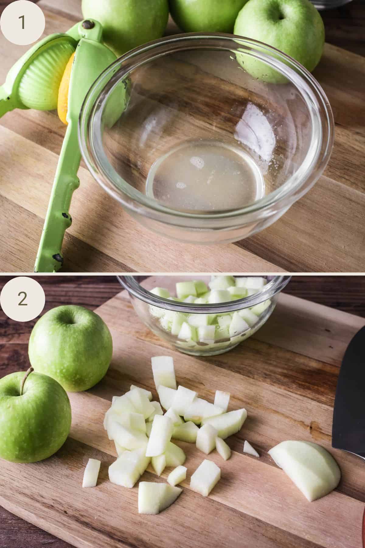 Bowl of lemon juice, apples diced and placed into bowl.