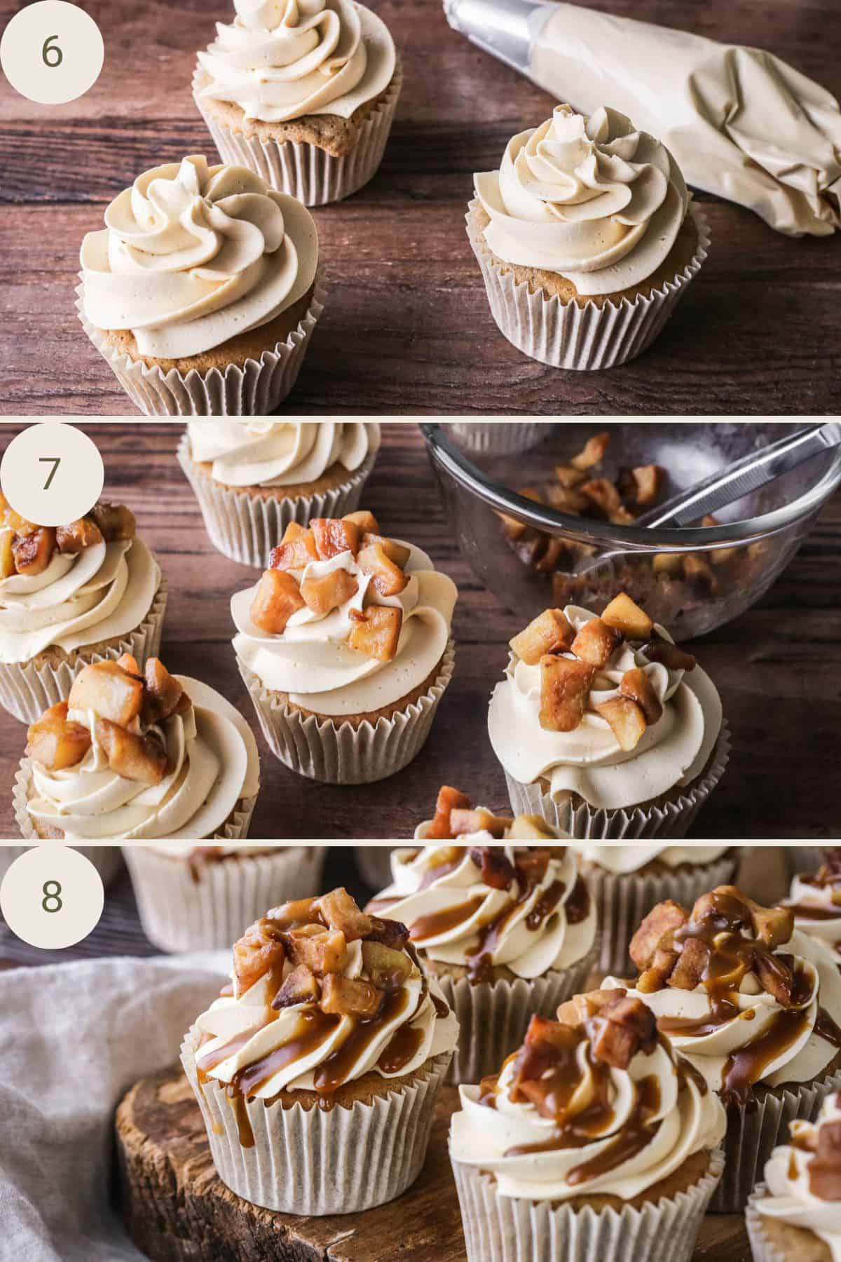 Freshly piped cupcakes, apples added with baking tweezers. Toffee sauce drizzled over each one.