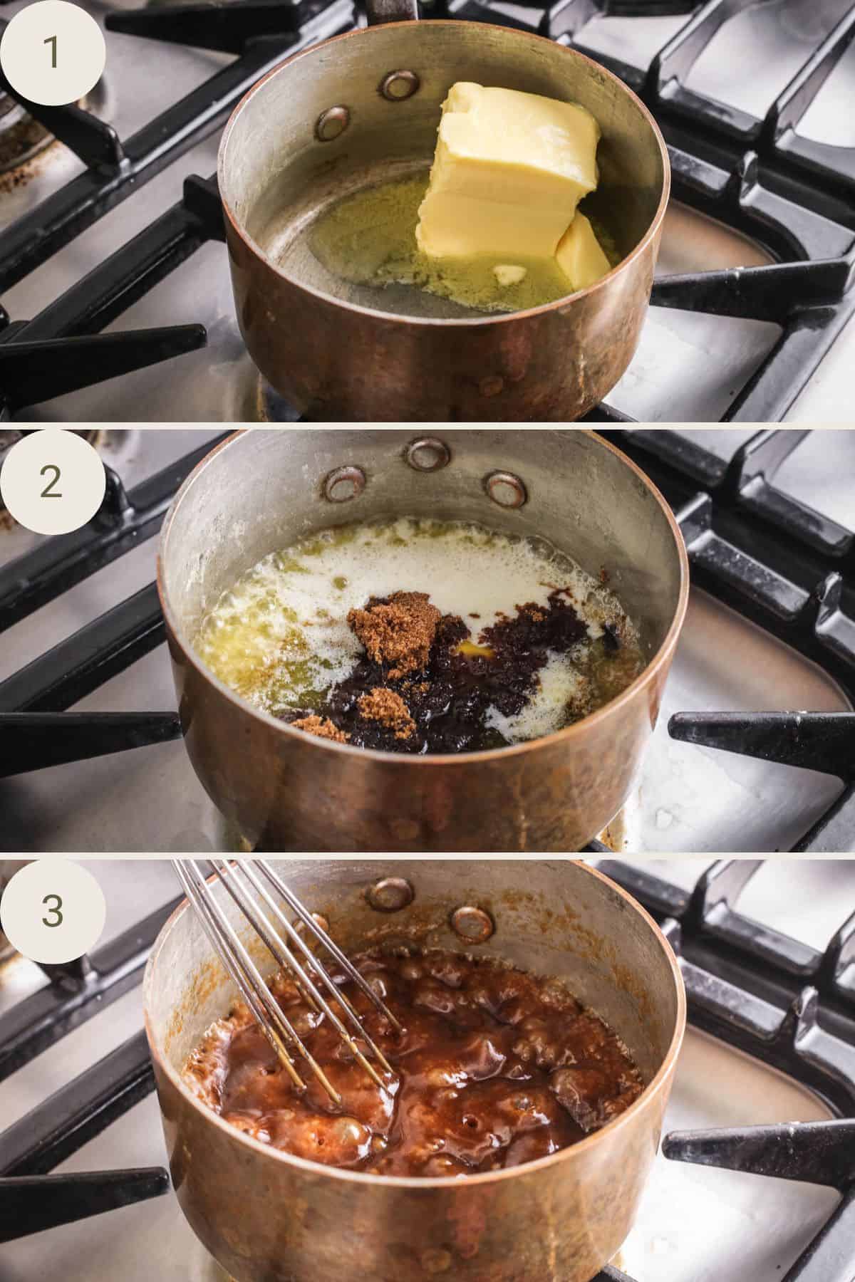 Butter melted in small saucepan. Sugar added until melted.