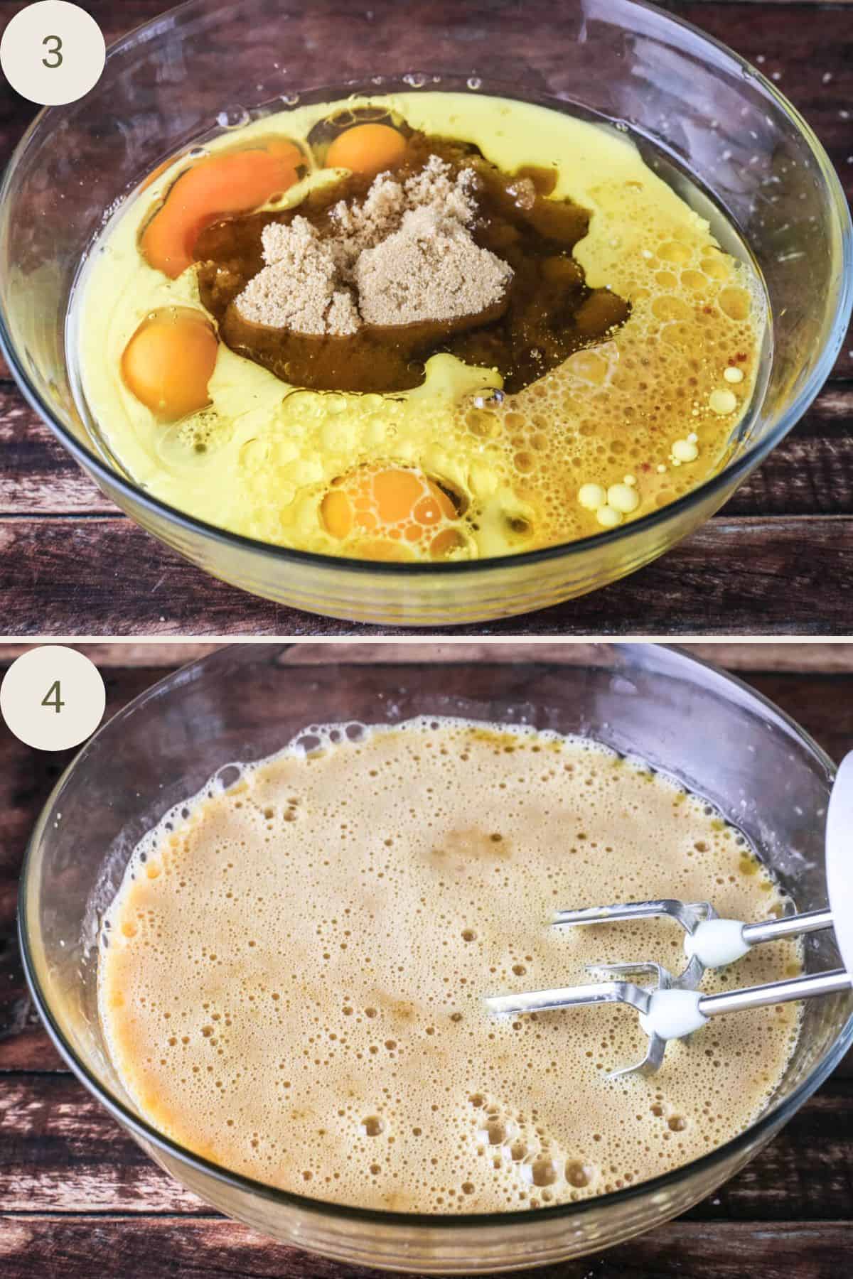 Mixing wet ingredients for gluten-free chocolate sponge batter in a mixing bowl.