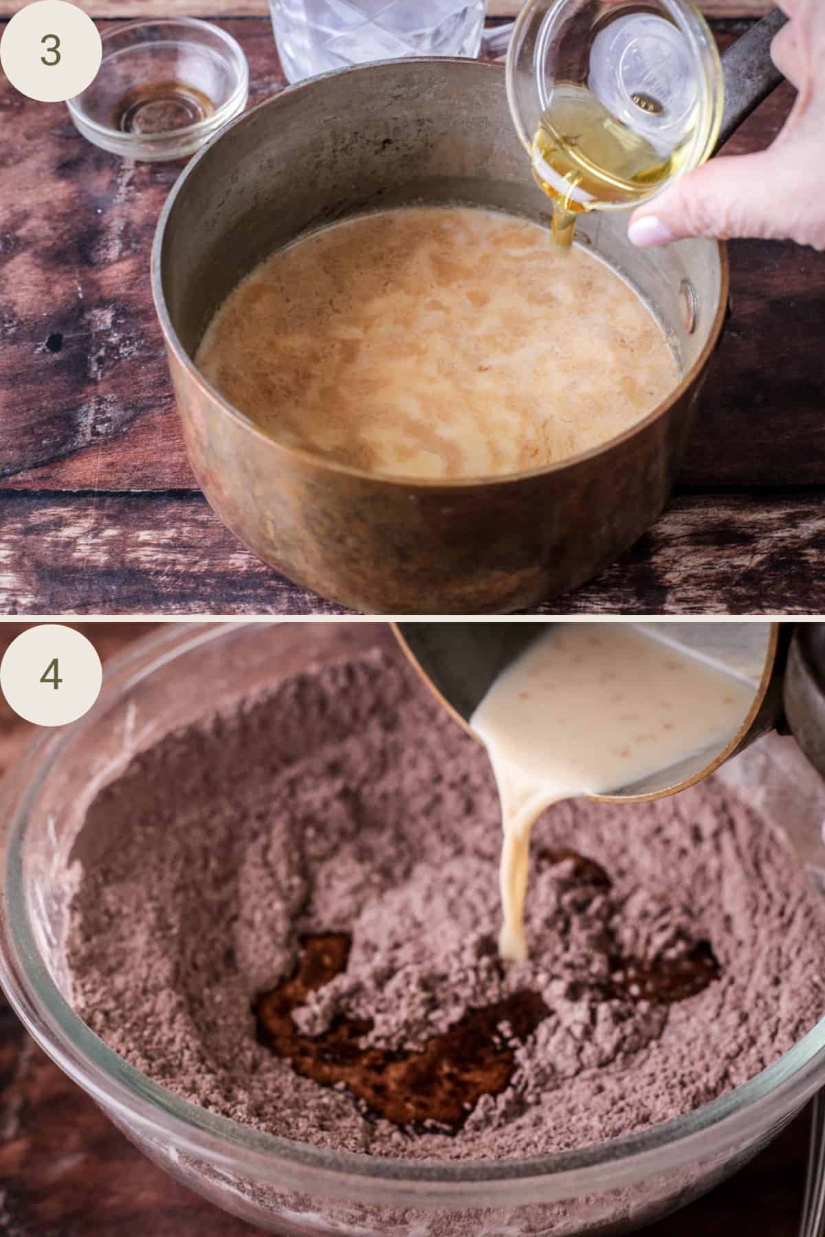 Wet ingredients for chocolate glaze poured into saucepan. After warmed, poured into dry ingredients in large mixing bowl.