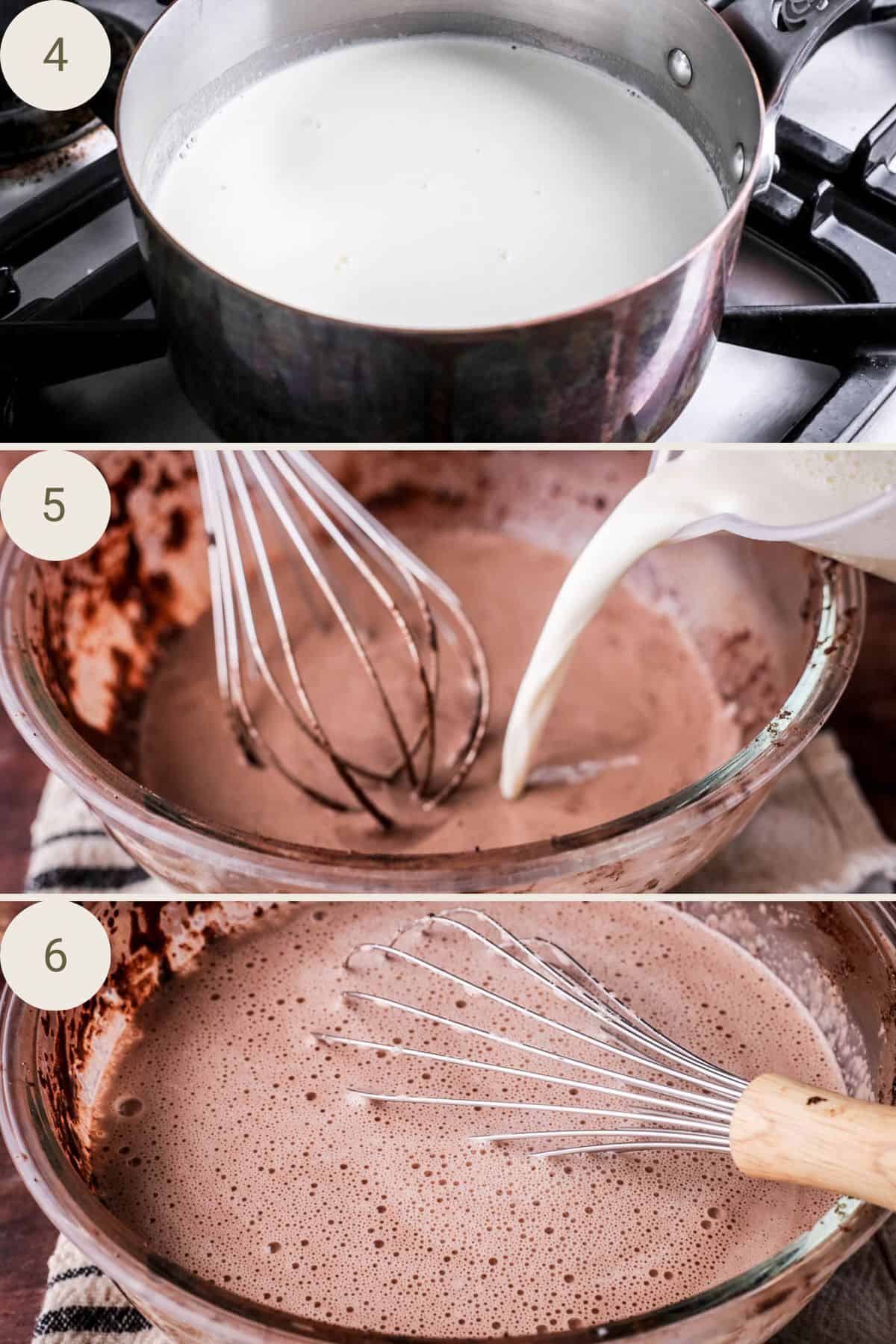 Milk cream and vanilla heated in a pan then poured over the egg mixture and whisked in until a thin custard has formed.