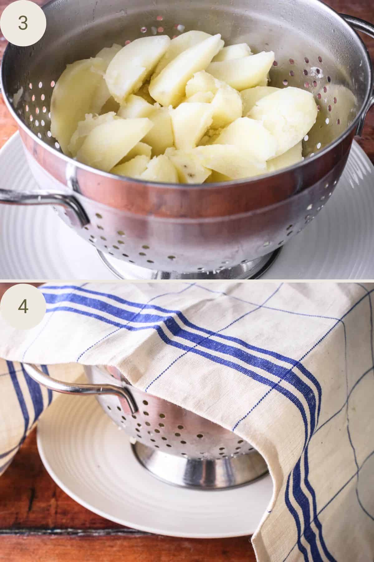 Drained potatoes in a colander, with a tea towel placed over the top to steam for 5 minutes.