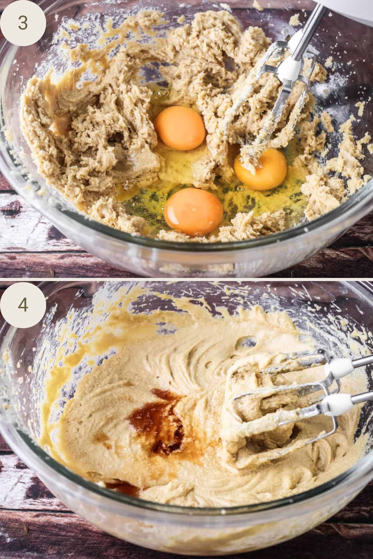 Eggs, vanilla and apple cider vinegar added to the creamed butter and sugar.