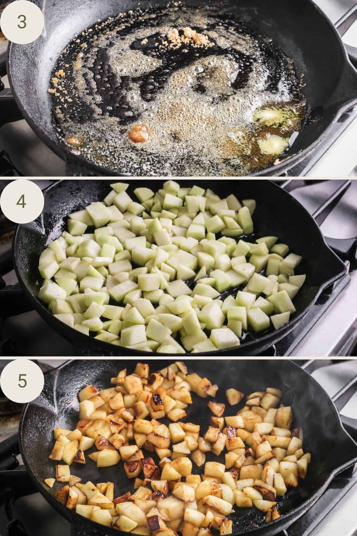 Butter and sugar melted in skillet. apples Added and then cooked until caramelised.