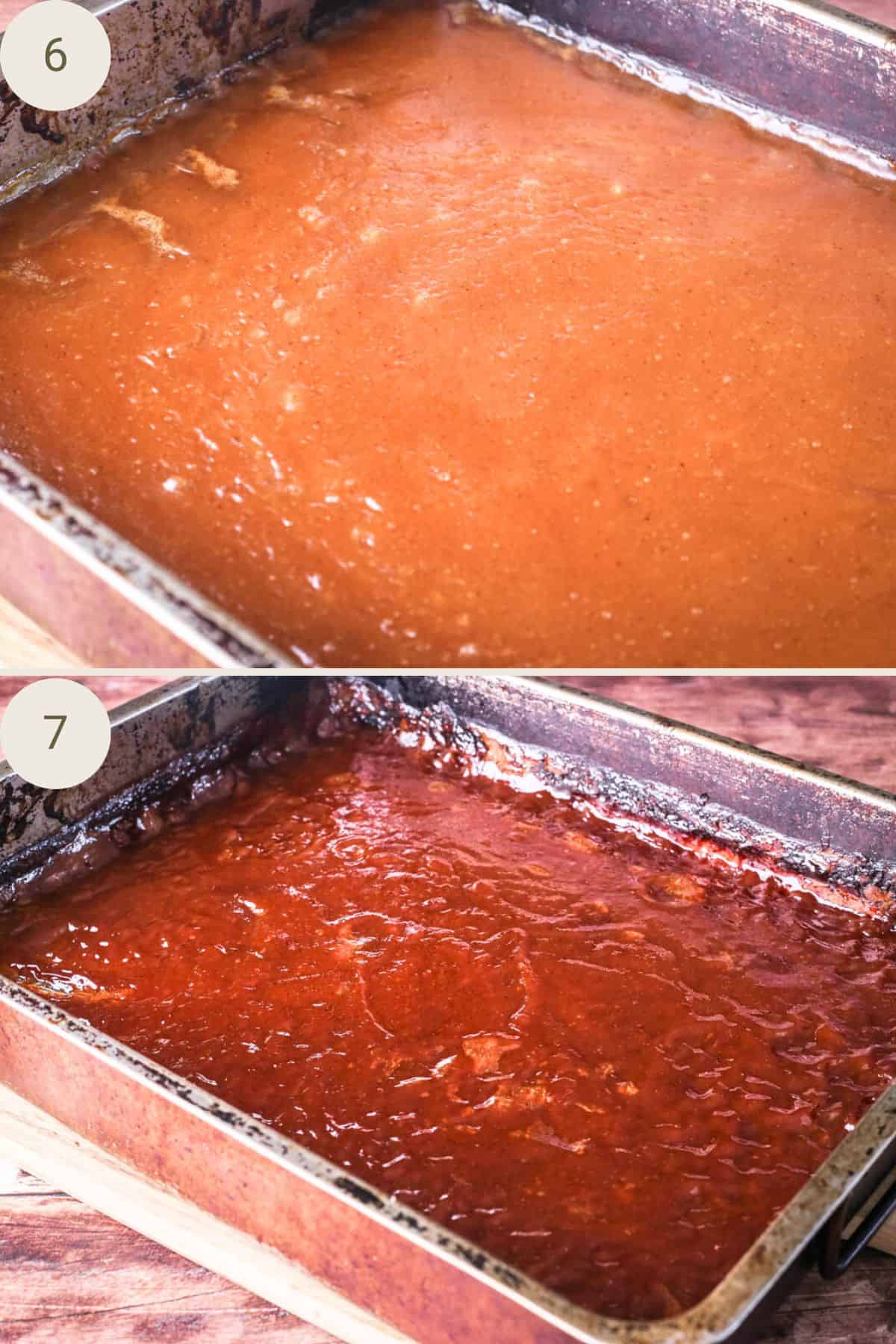 Apple butter in roasting dish before and during the oven-bake showing the darkening of colour and the thickening of the sauce.
