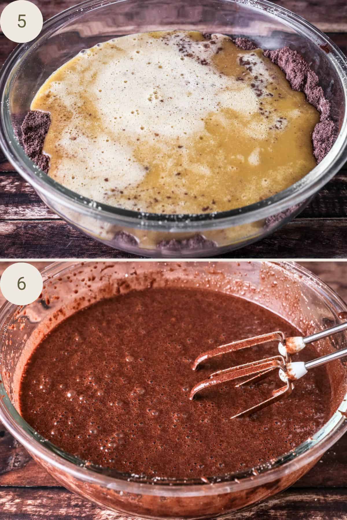 Mixing wet with dry ingredients for gluten-free chocolate sponge batter in a mixing bowl.