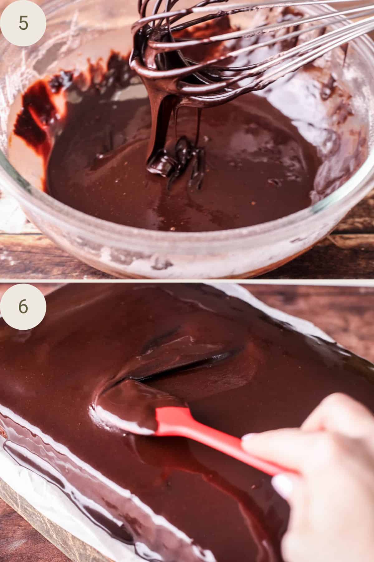 Wet ingredients and dry ingredients mixed together for chocolate glaze until just pourable.