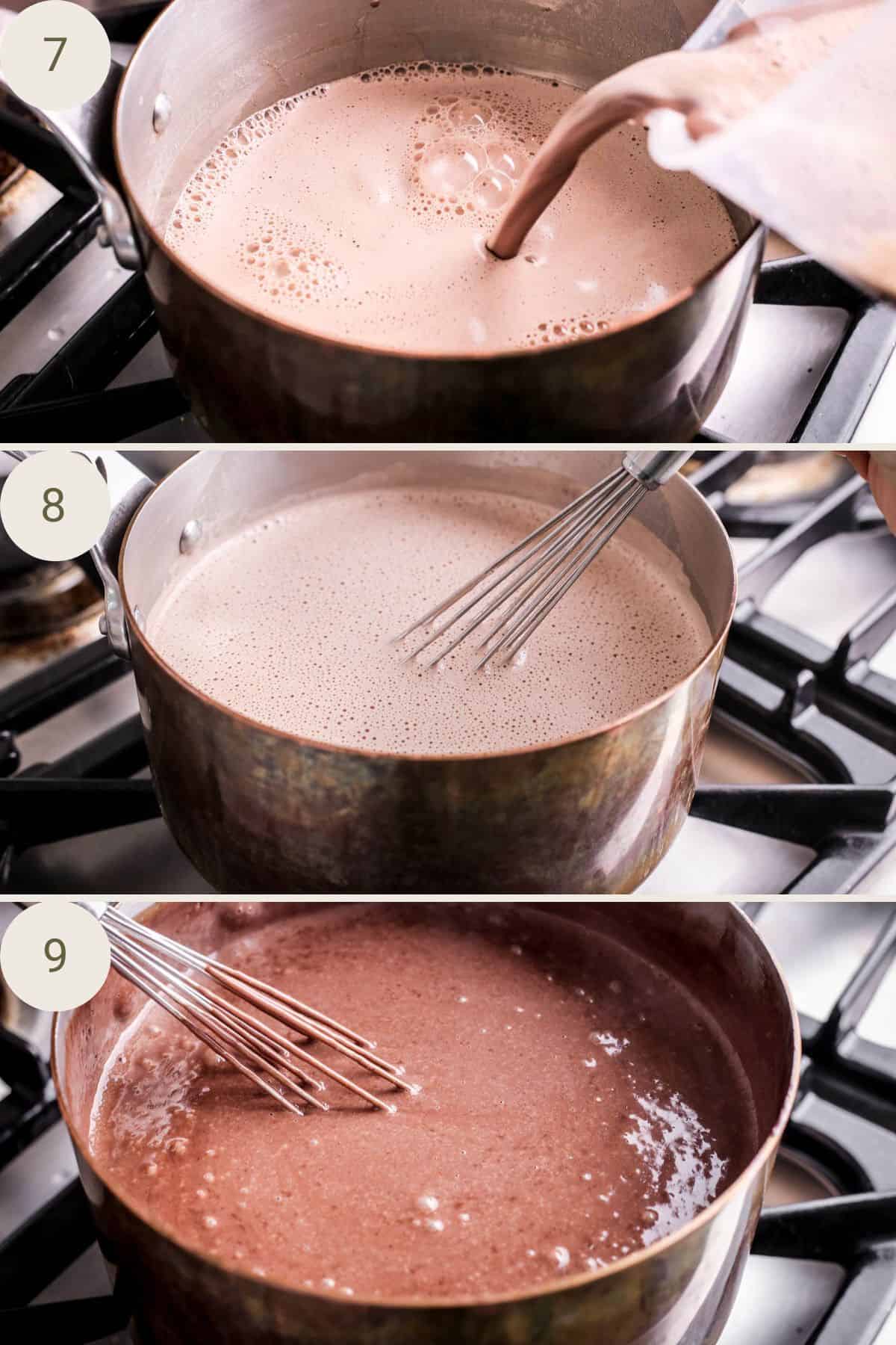 Custard poured back into saucepan and whisked until thick and bubbling.