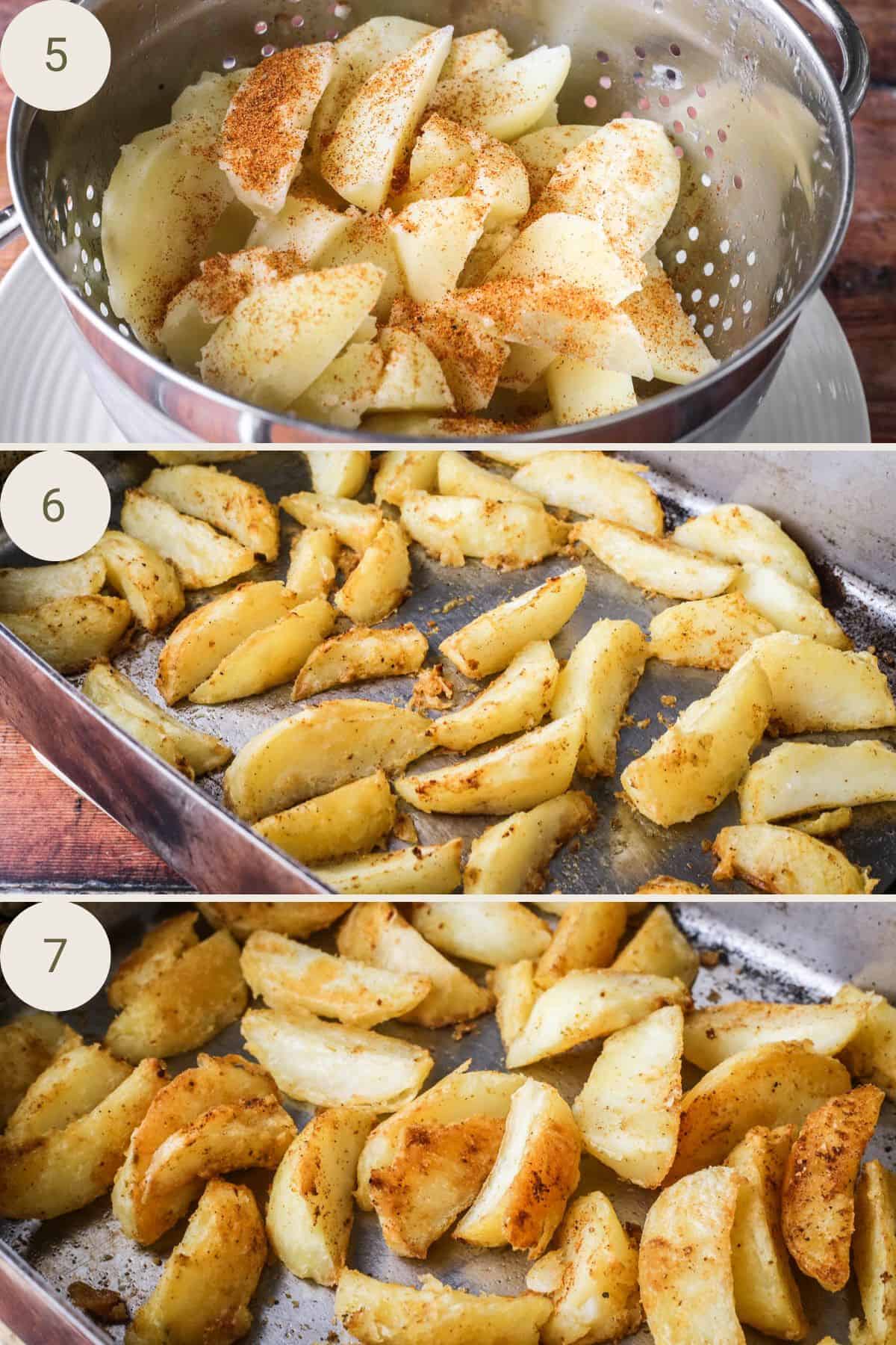 Potato wedges in a colander with seasoning. Tossed into a pre-heated roasting tin with oil. Crispy after baking.