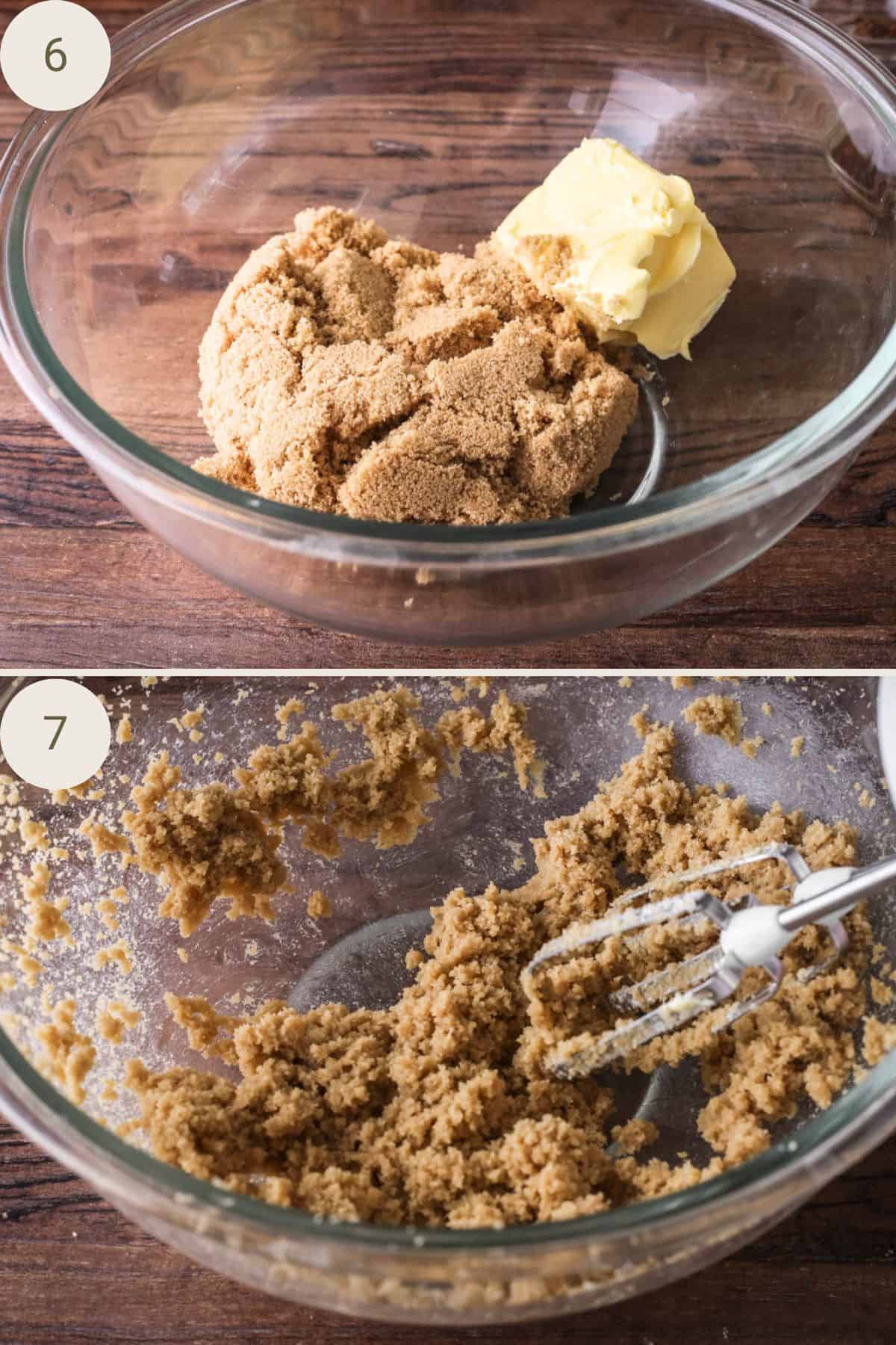 Butter and brown sugar in a bowl then beaten until mixed.