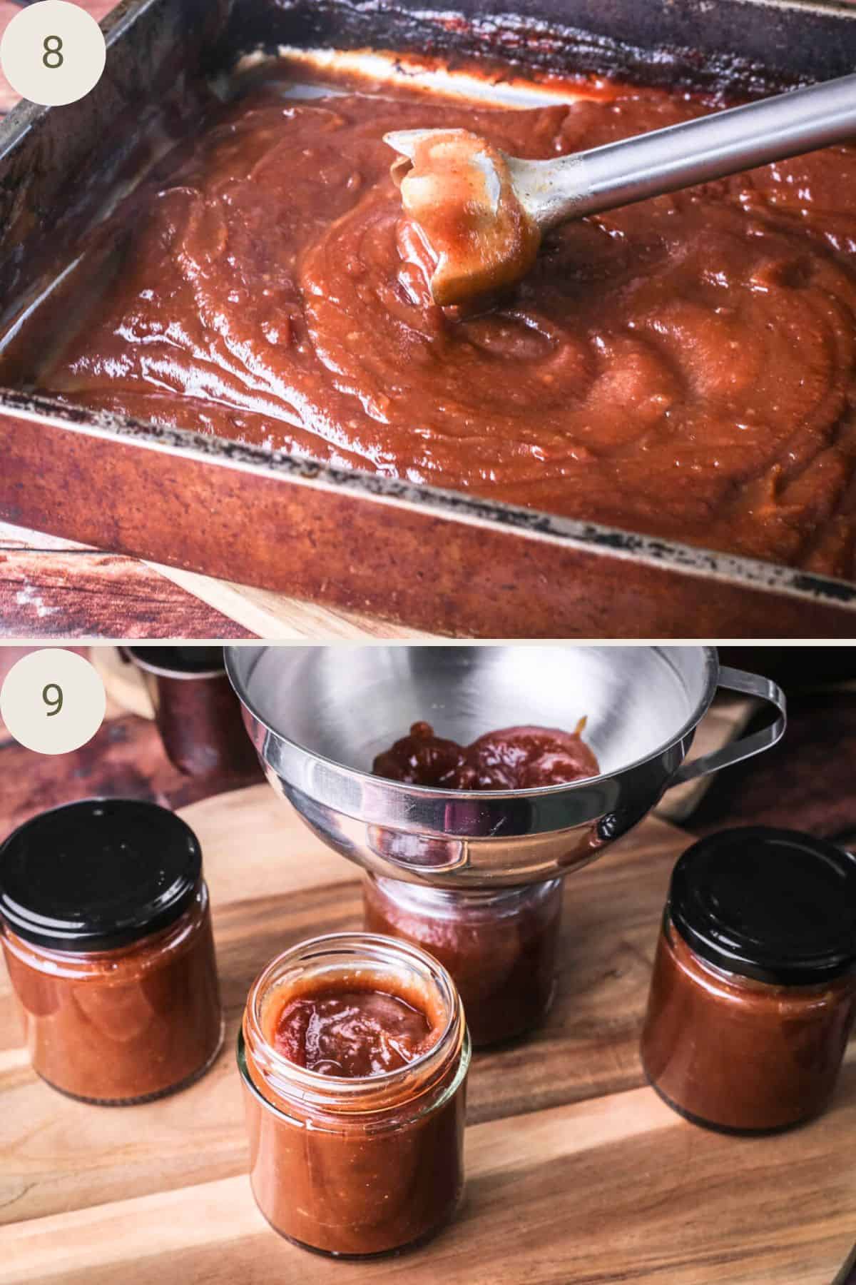 Apple butter ready thick and glossy in a roasting dish and spooned into jam funnel into jars.