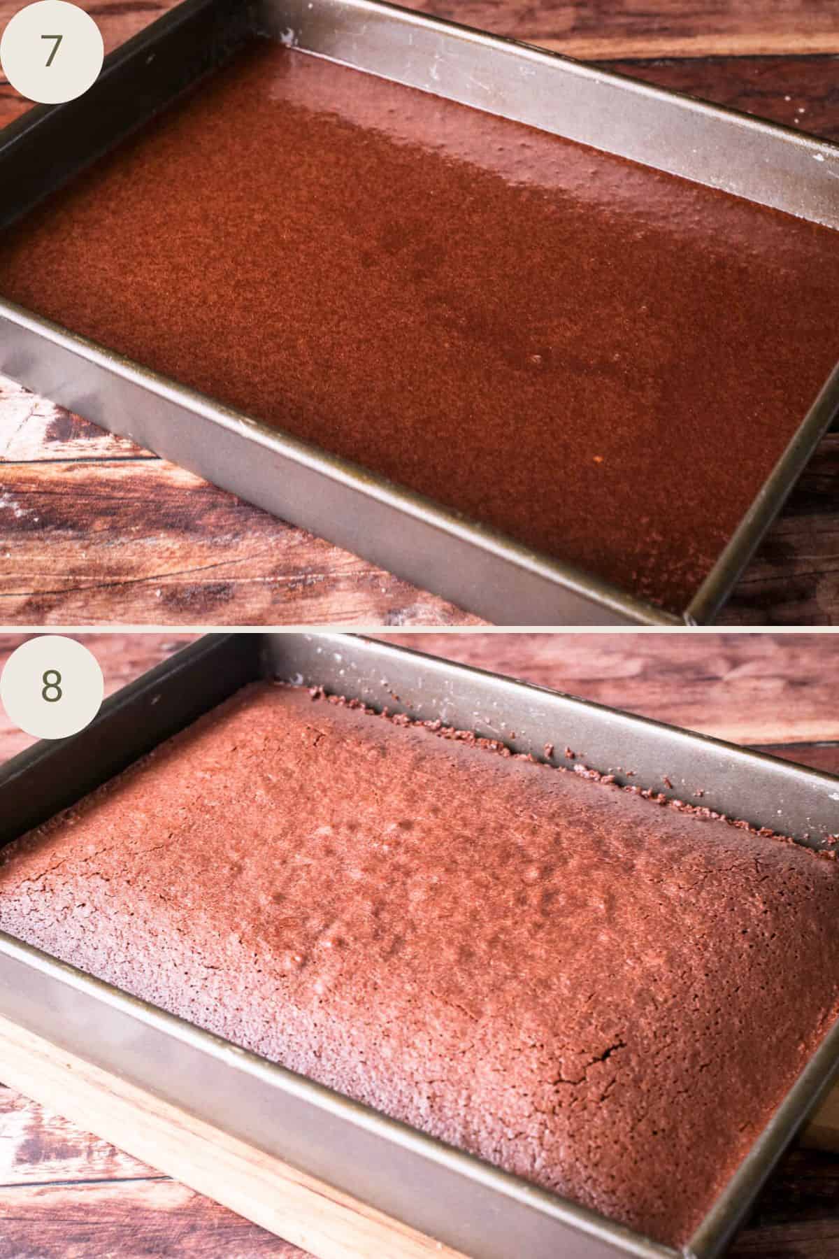 Chocolate Cake batter in tin prior to baking and after baking with soft evenly baked sponge top.