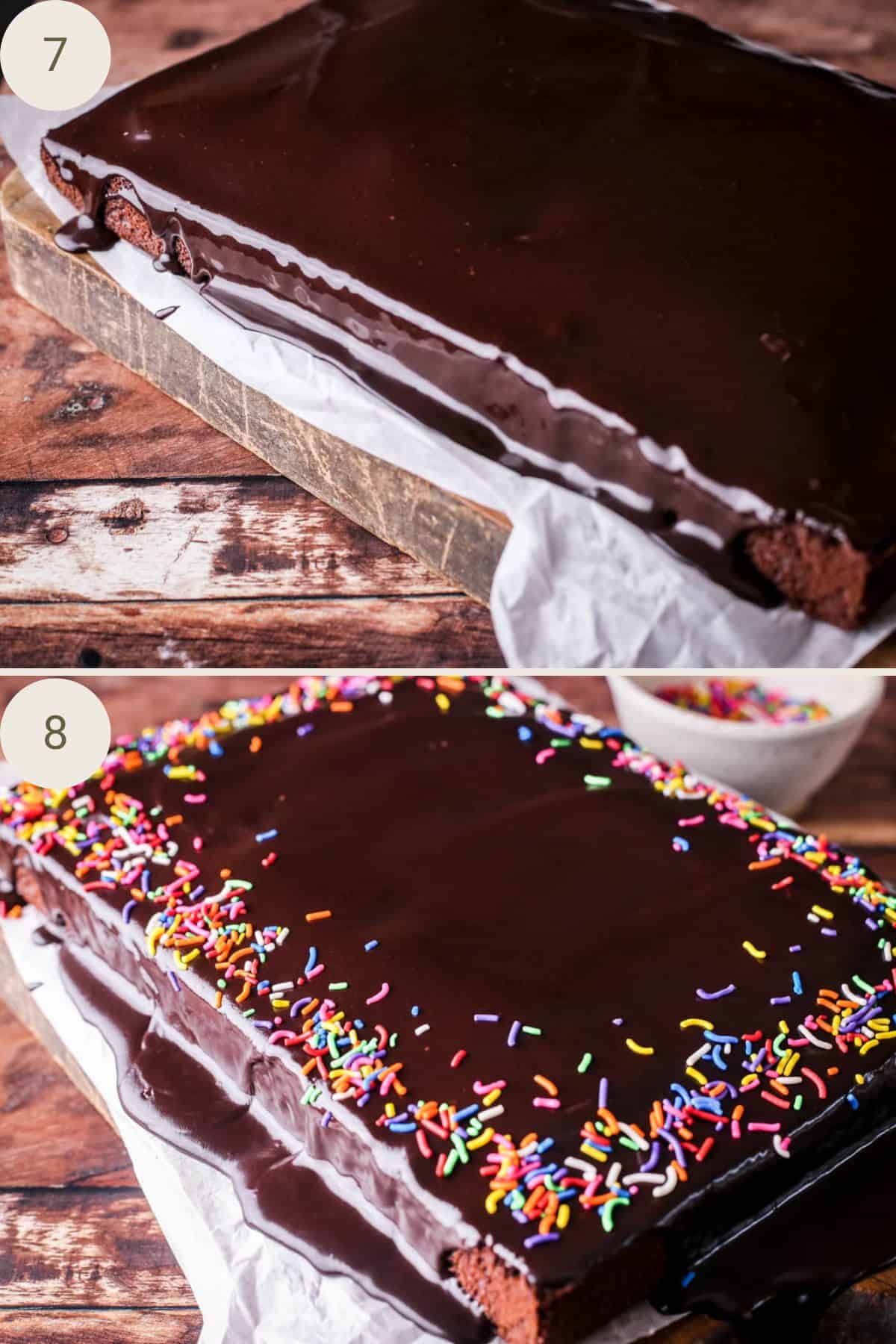 Chocolate glaze poured over chocolate cake and decorated with sprinkles.