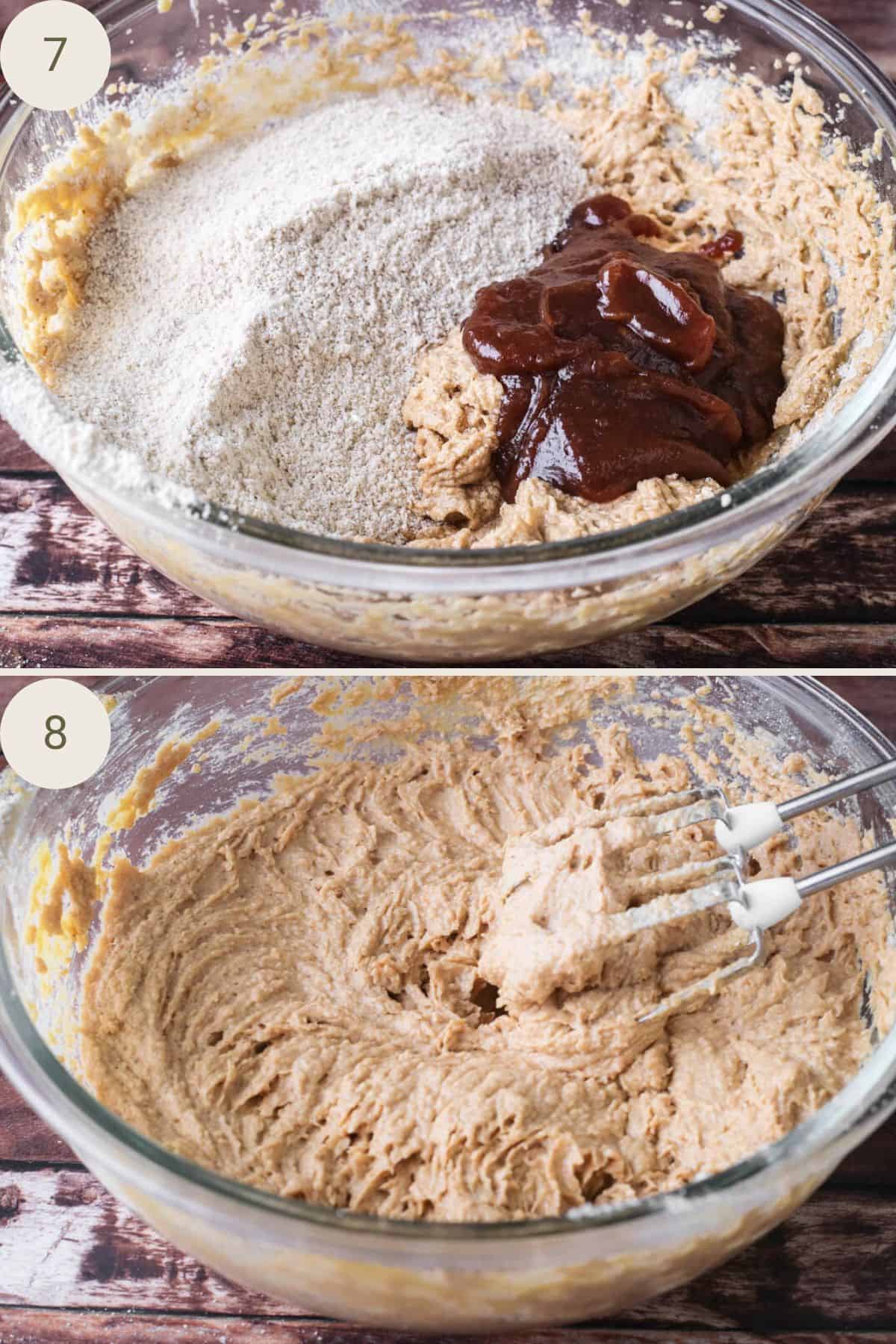 Apple butter and flour added to the cake batter in a large mixing bowl.
