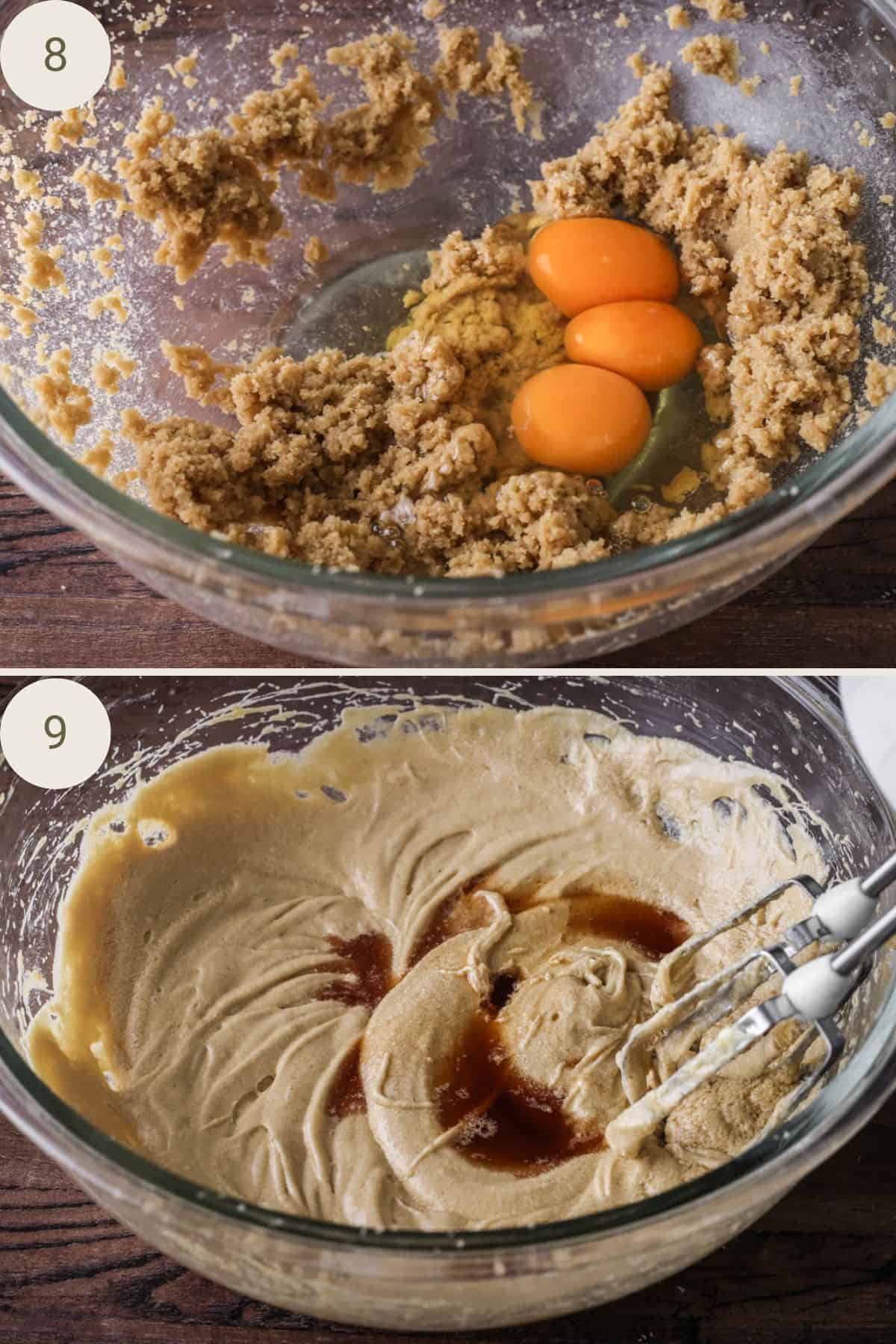 Eggs added to beaten sugar and butter. Vanilla added to creamy batter.