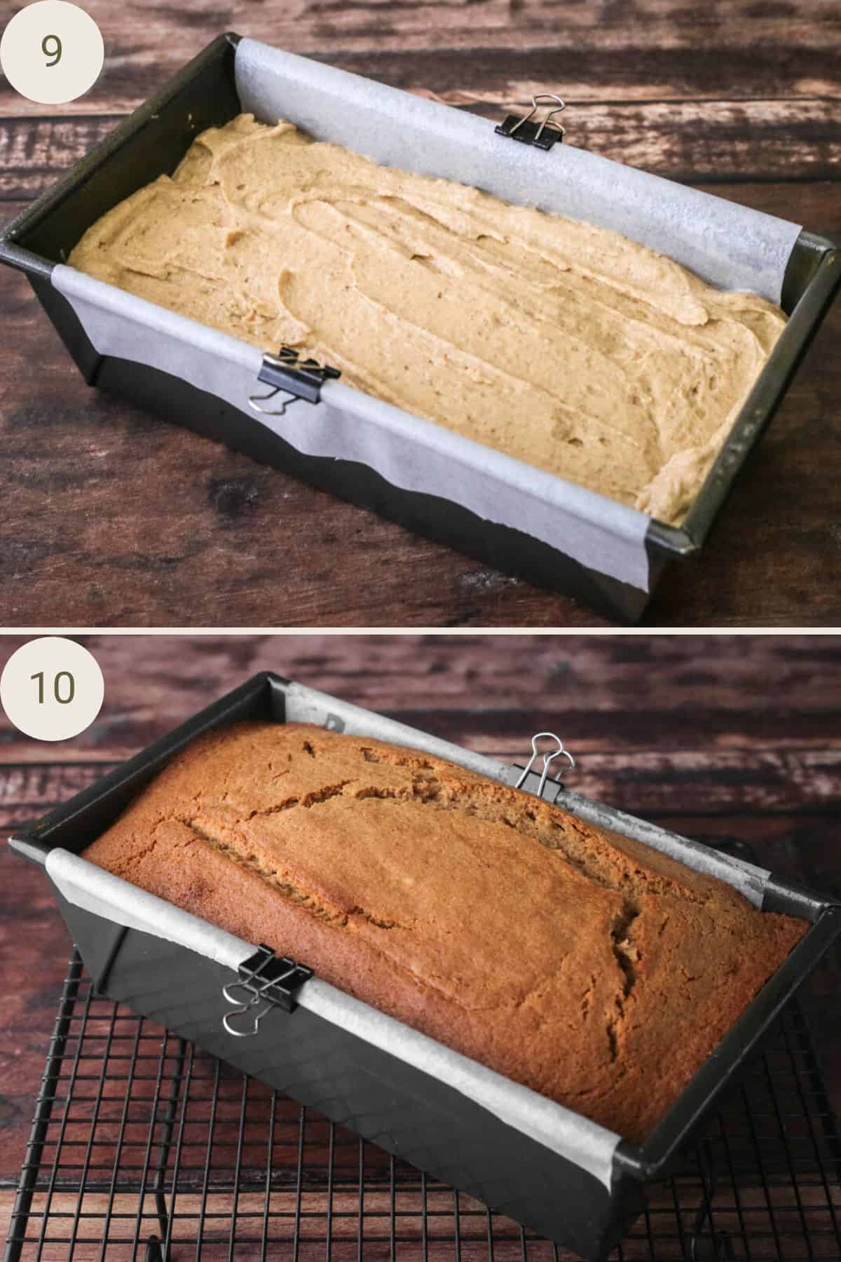 Apple Butter Cake batter in a loaf tin with the top smoothed. After baking with a beautifully rounded golden top.