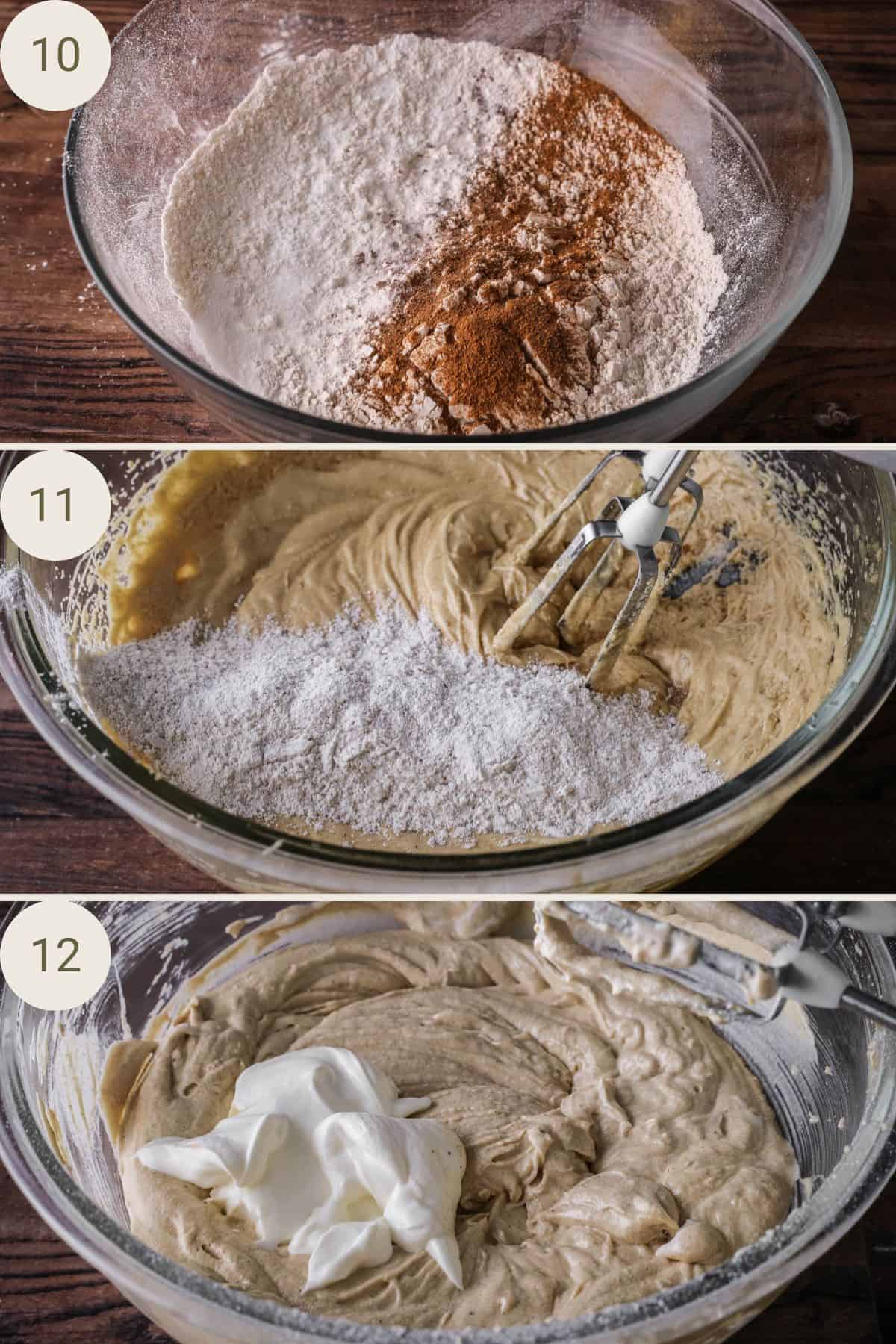 Flour mixed in a bowl. โ
added to wet ingredients, followed by ยฝ sour cream.